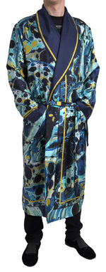 Dolce & Gabbana Marble Blue Silk Long Robe Luxury Men's Sleepwear