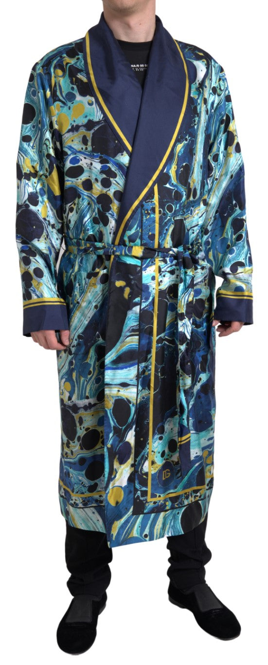 Dolce & Gabbana Marble Blue Silk Long Robe Luxury Men's Sleepwear