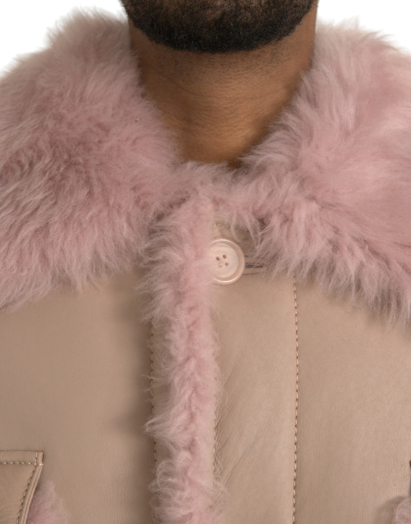 Dolce & Gabbana Beige Pink Lamb Leather Shearling Coat Men's Jacket