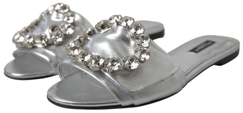 Dolce & Gabbana Crystal-Embellished Silver Leather Women's Slides