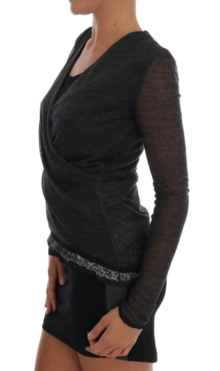 Ermanno Scervino Gray Wool Lace Top Long Sleeved Women's T-shirt