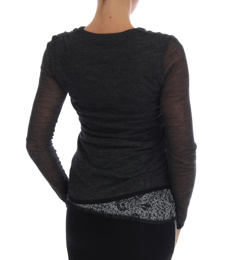 Ermanno Scervino Gray Wool Lace Top Long Sleeved Women's T-shirt