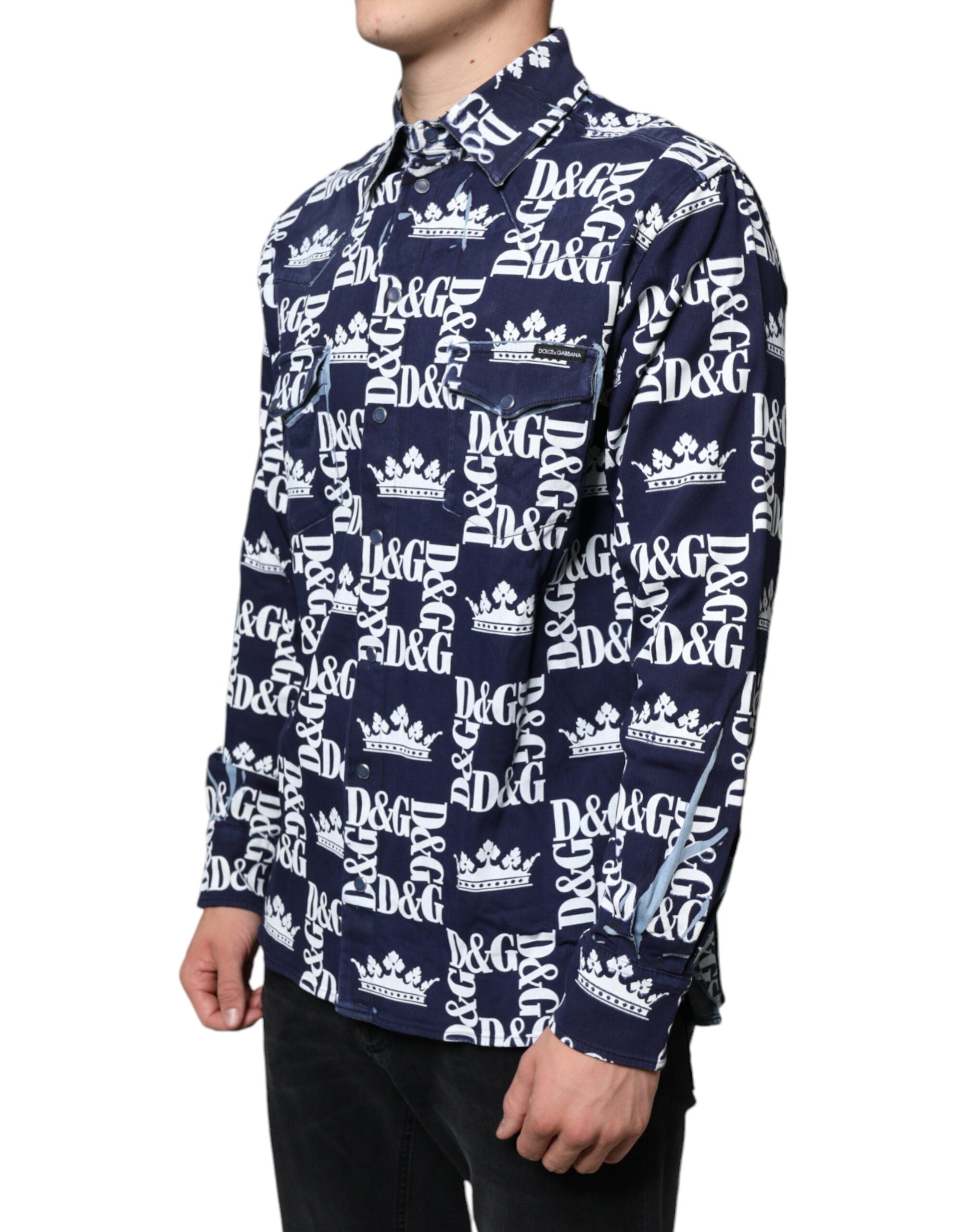 Dolce & Gabbana Blue Crown Logo Print Slim Fit Cotton Men's Shirt