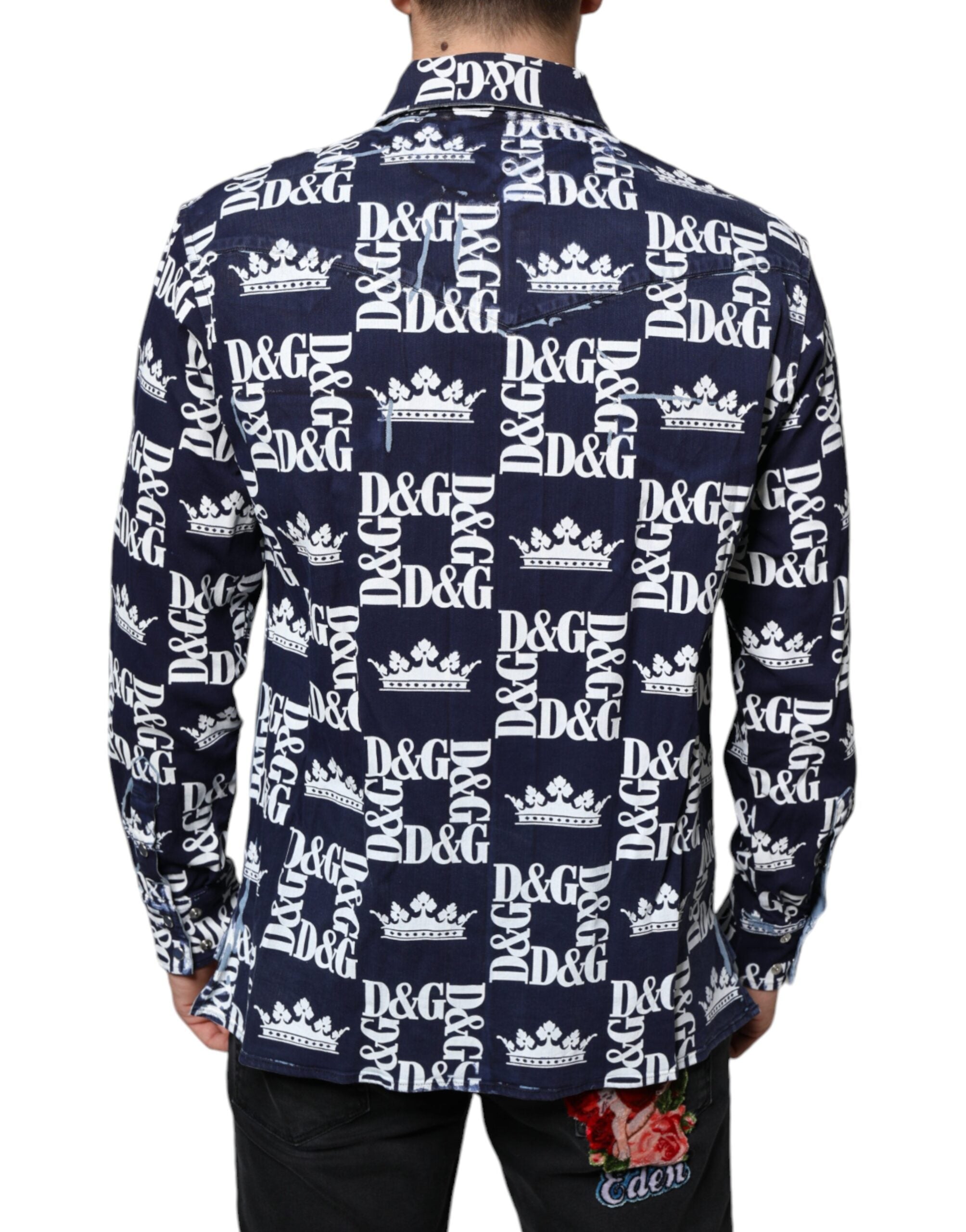 Dolce & Gabbana Blue Crown Logo Print Slim Fit Cotton Men's Shirt