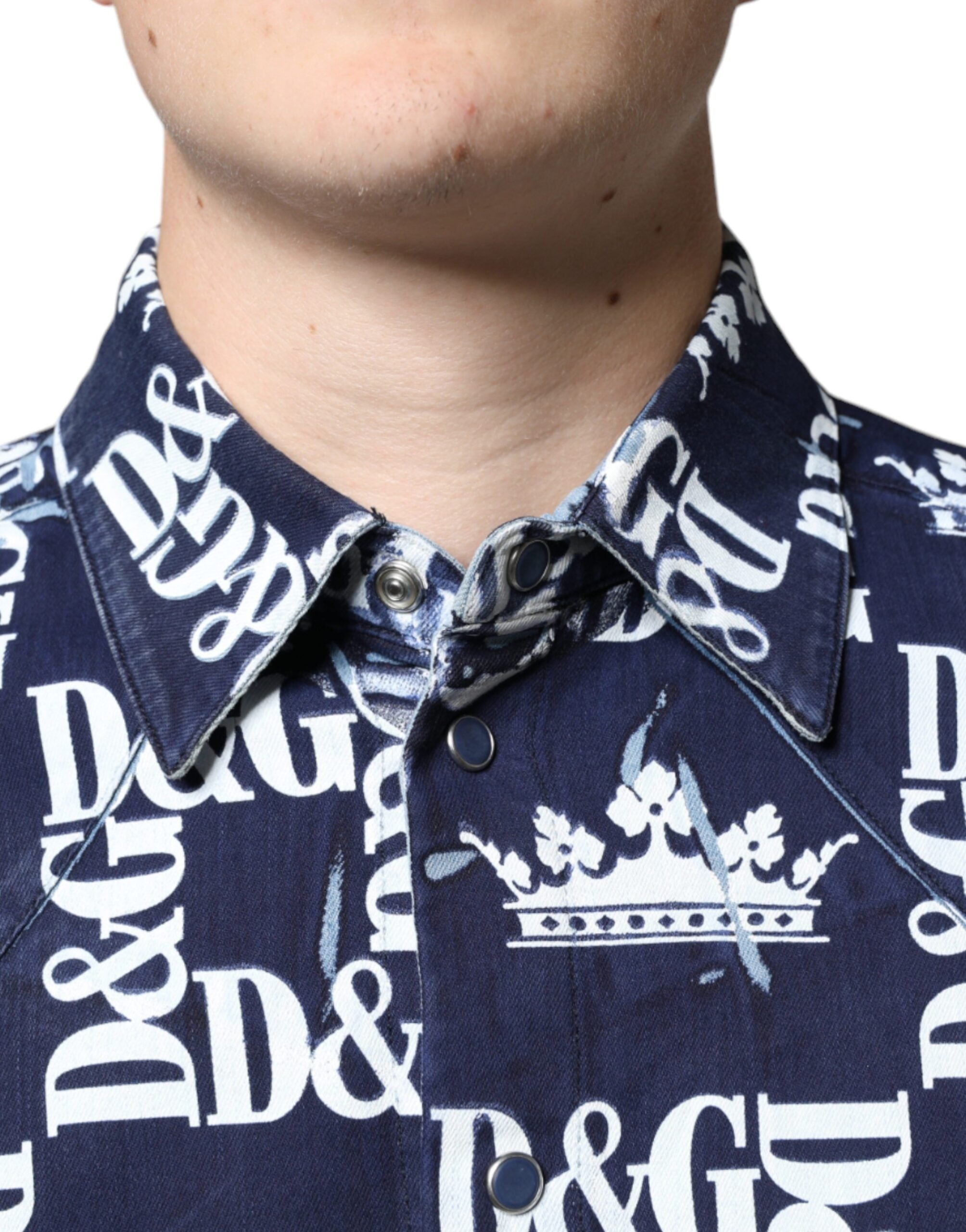 Dolce & Gabbana Blue Crown Logo Print Slim Fit Cotton Men's Shirt