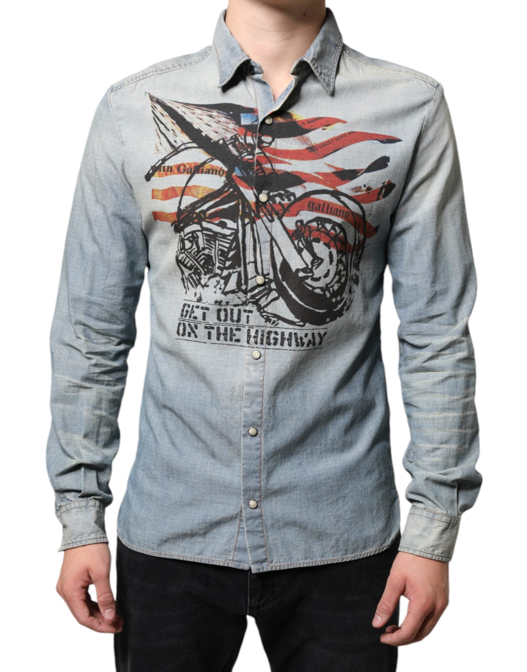 John Galliano Light Blue Printed Cotton Denim Long Sleeves Men's Shirt