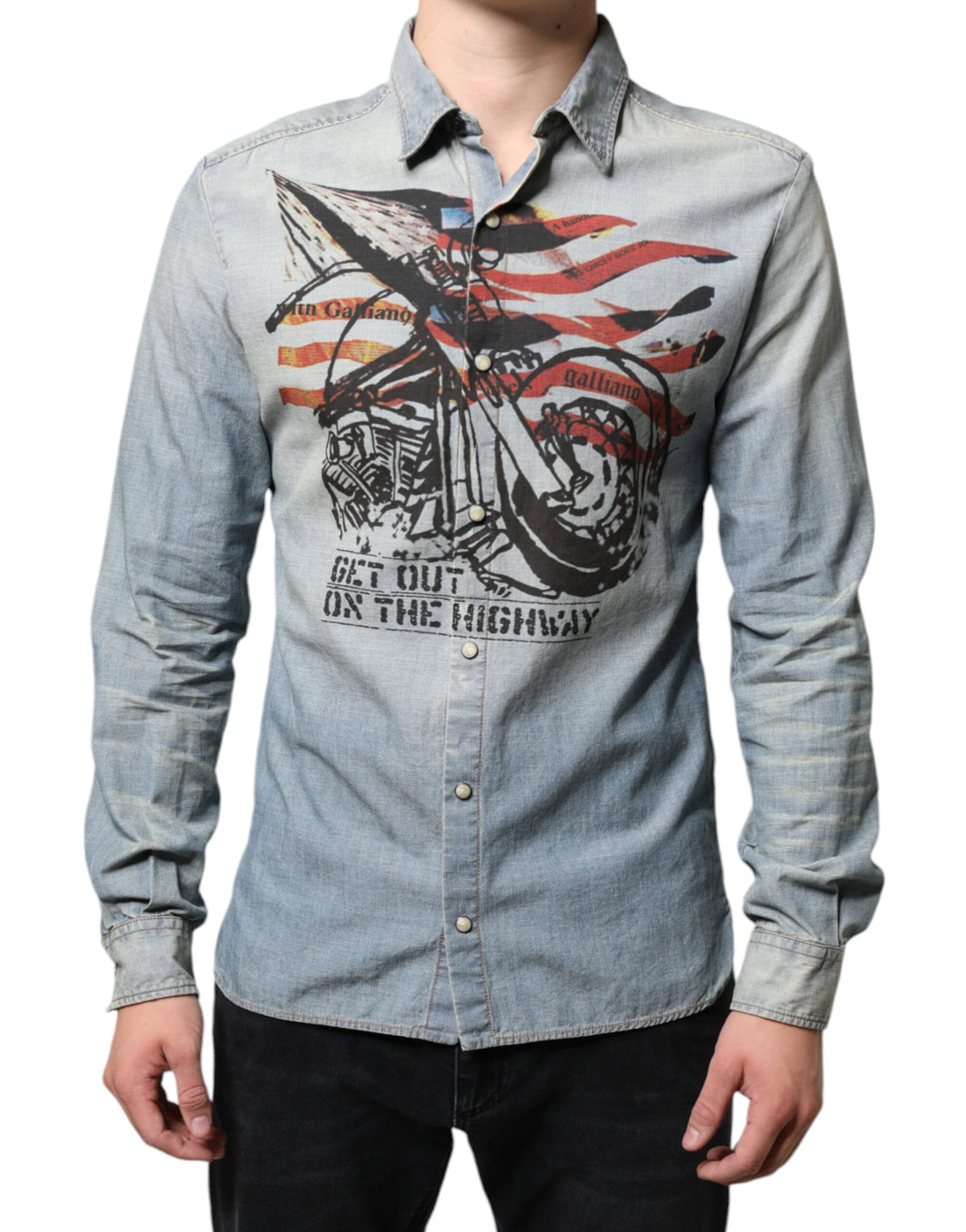 John Galliano Light Blue Printed Cotton Denim Long Sleeves Men's Shirt