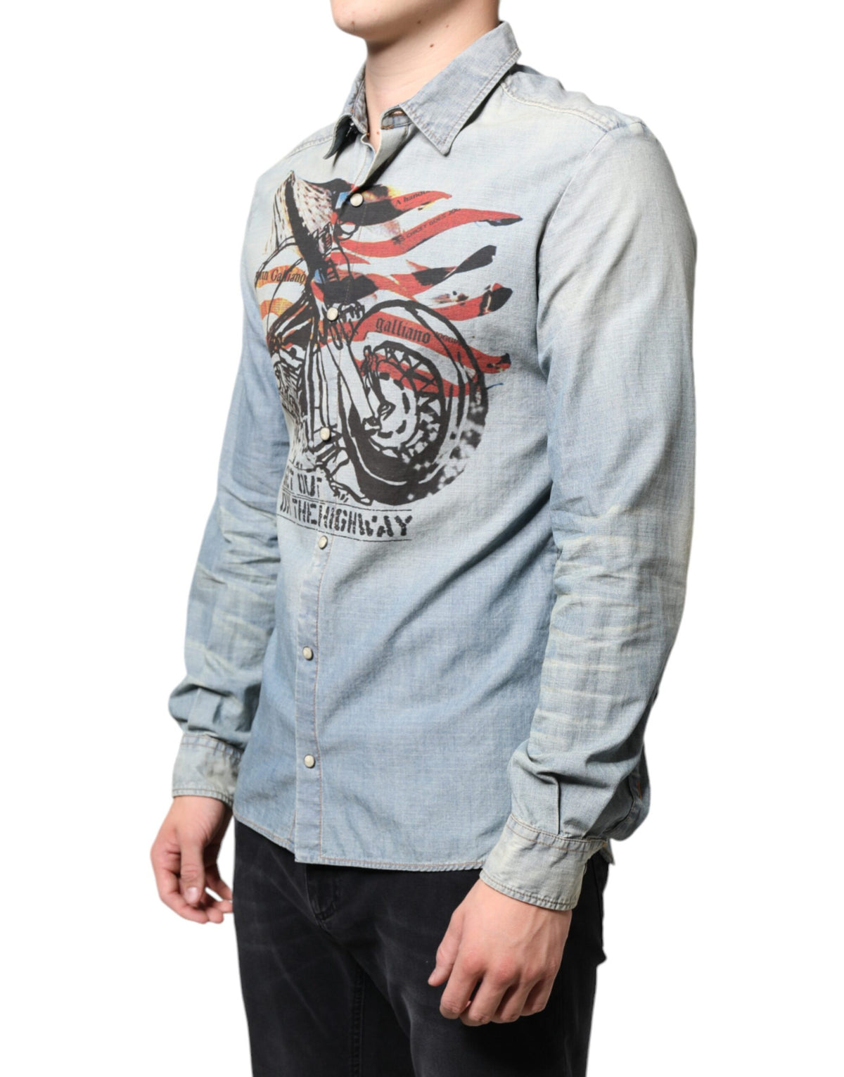 John Galliano Light Blue Printed Cotton Denim Long Sleeves Men's Shirt