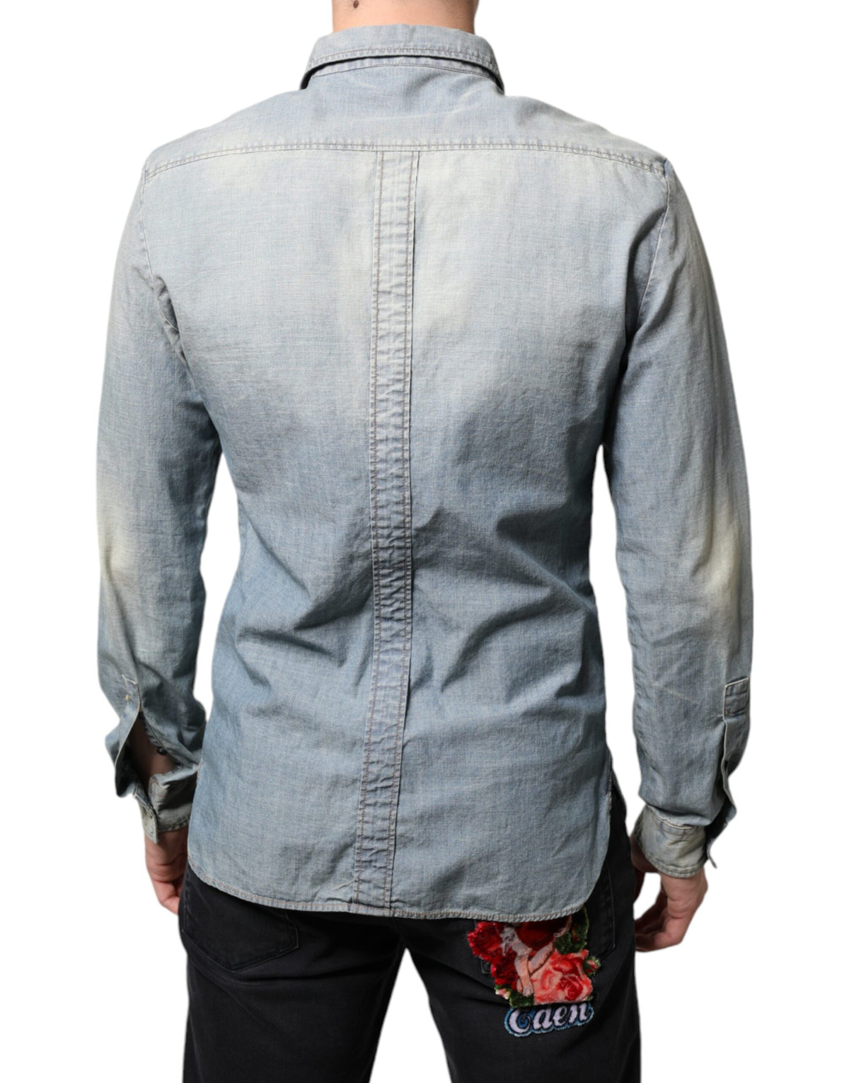 John Galliano Light Blue Printed Cotton Denim Long Sleeves Men's Shirt