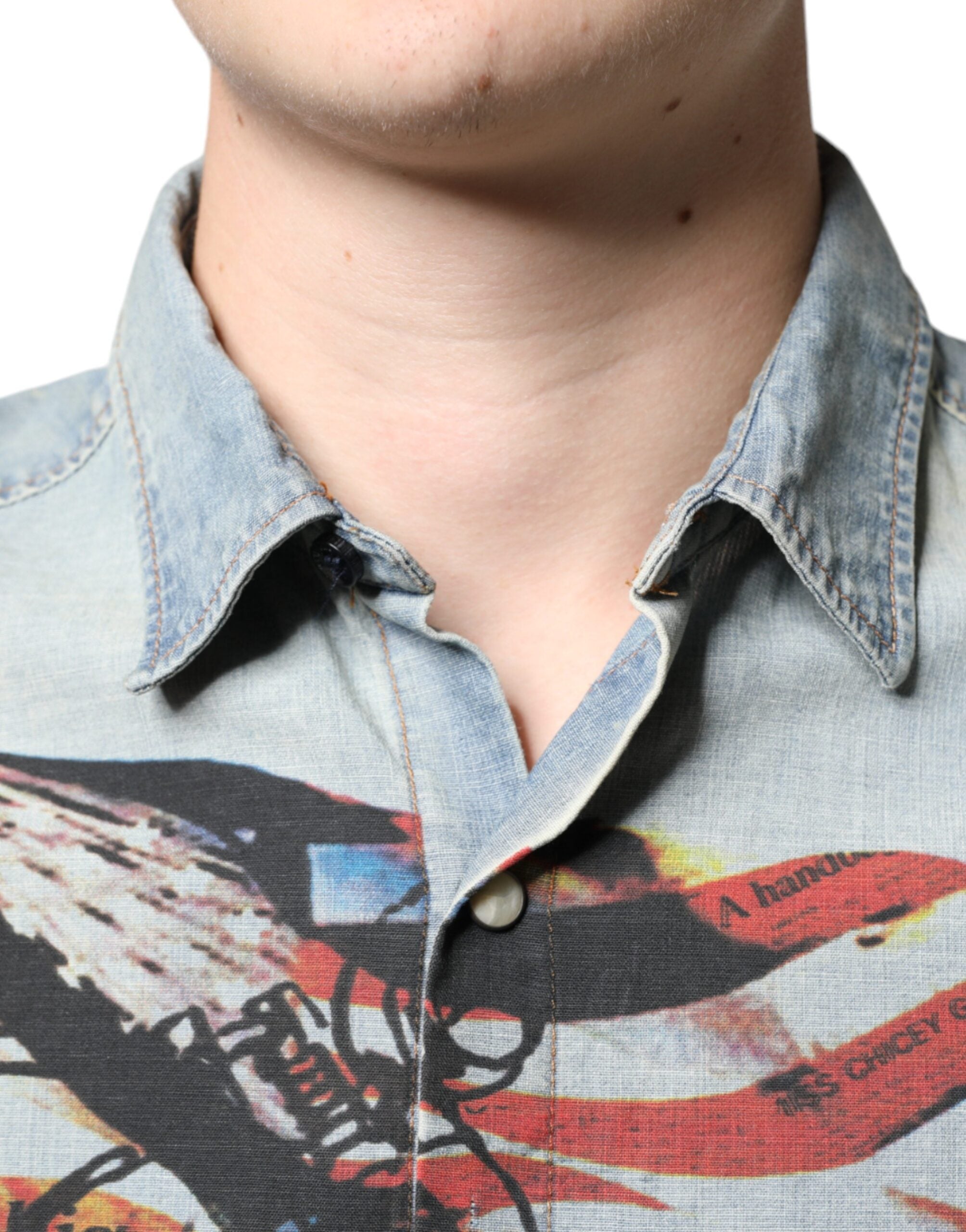 John Galliano Light Blue Printed Cotton Denim Long Sleeves Men's Shirt