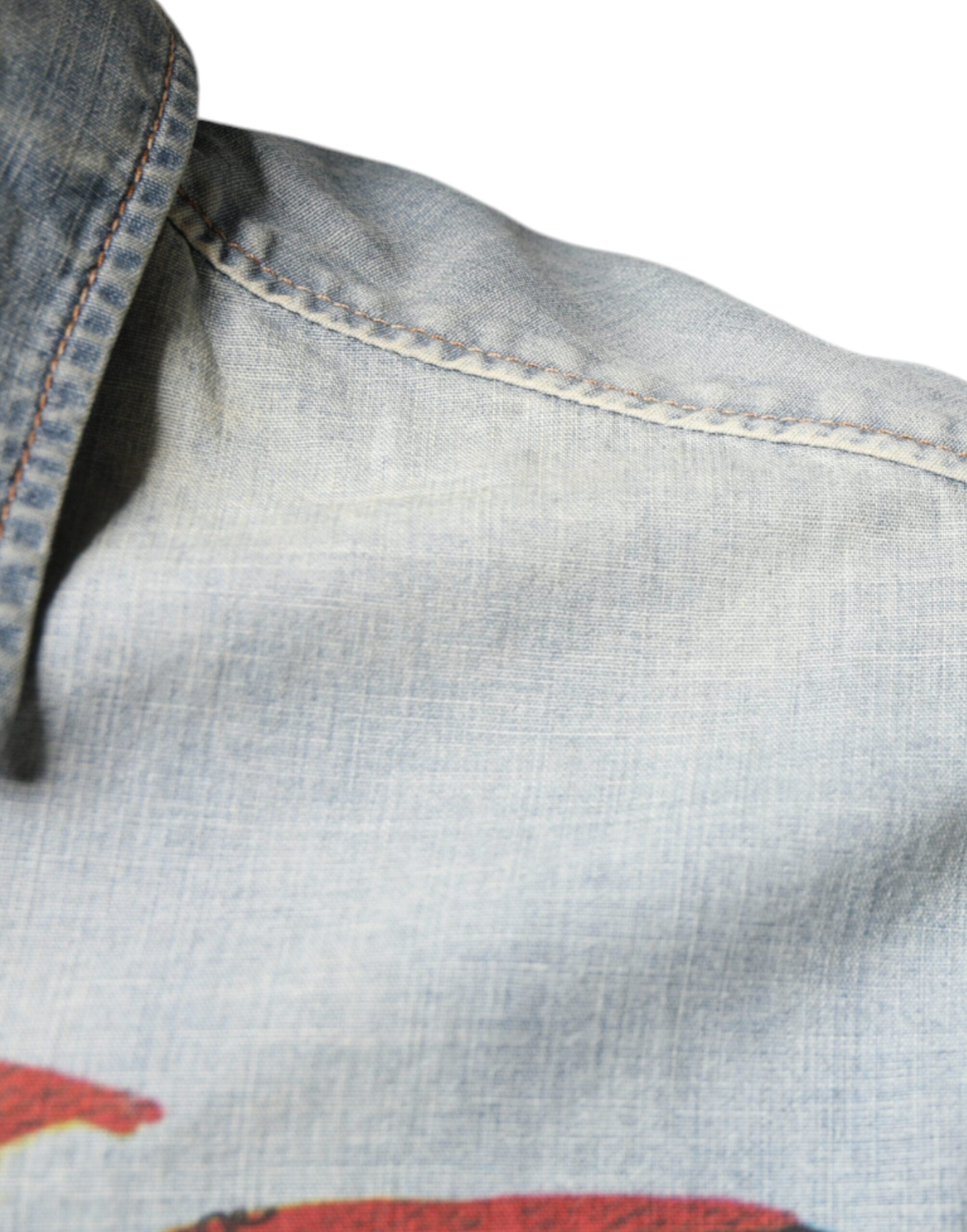 John Galliano Light Blue Printed Cotton Denim Long Sleeves Men's Shirt