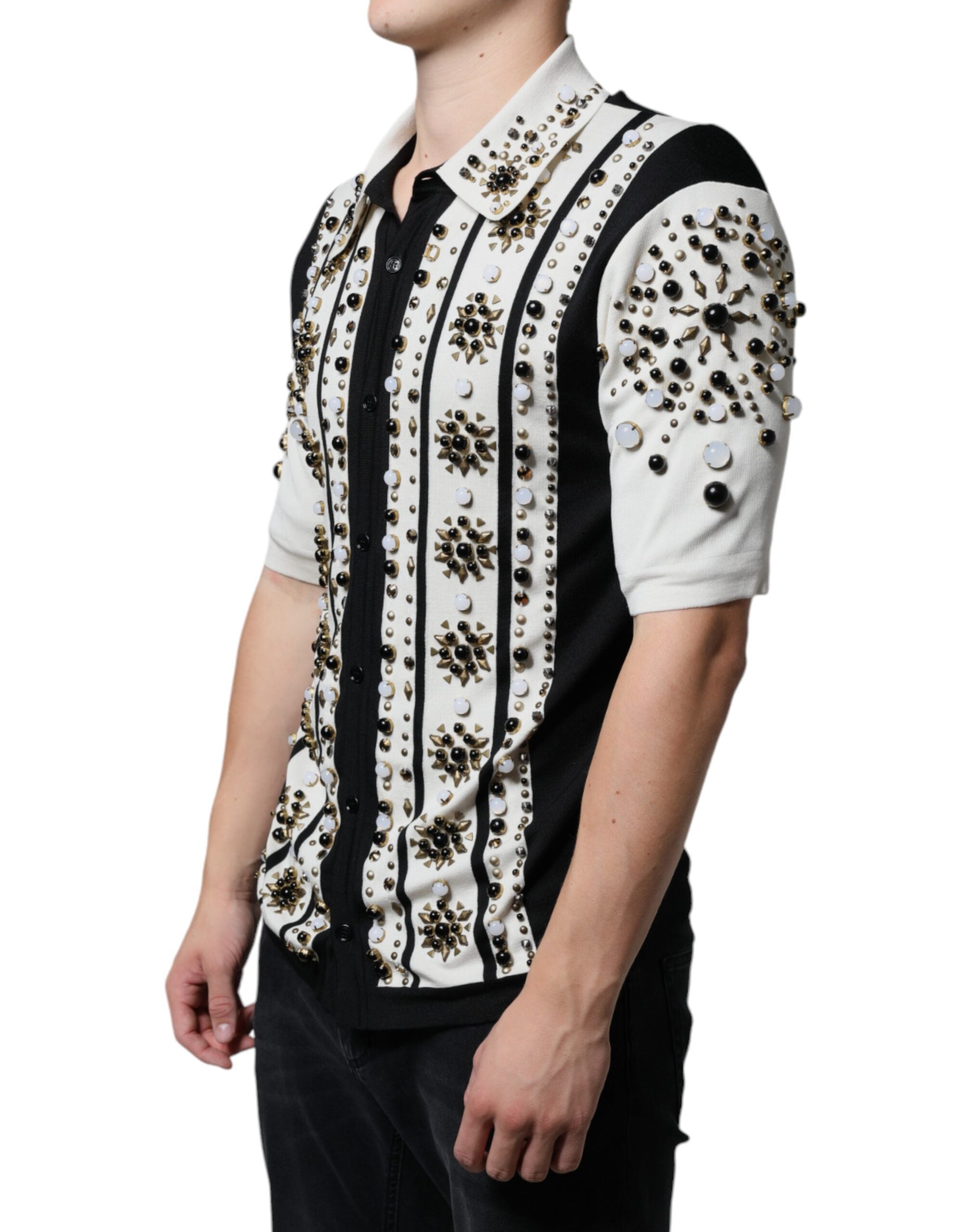 Dolce & Gabbana White Black Silk Studded Stone Crystal Men's Shirt