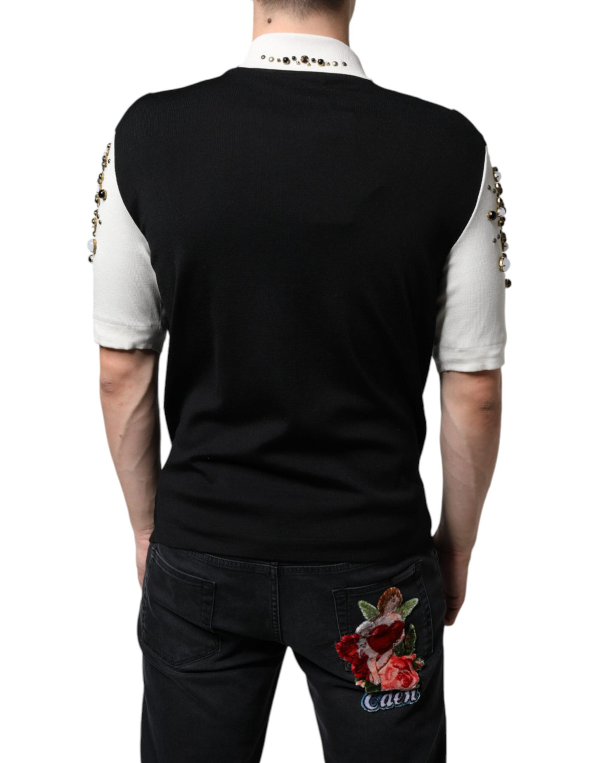 Dolce & Gabbana White Black Silk Studded Stone Crystal Men's Shirt