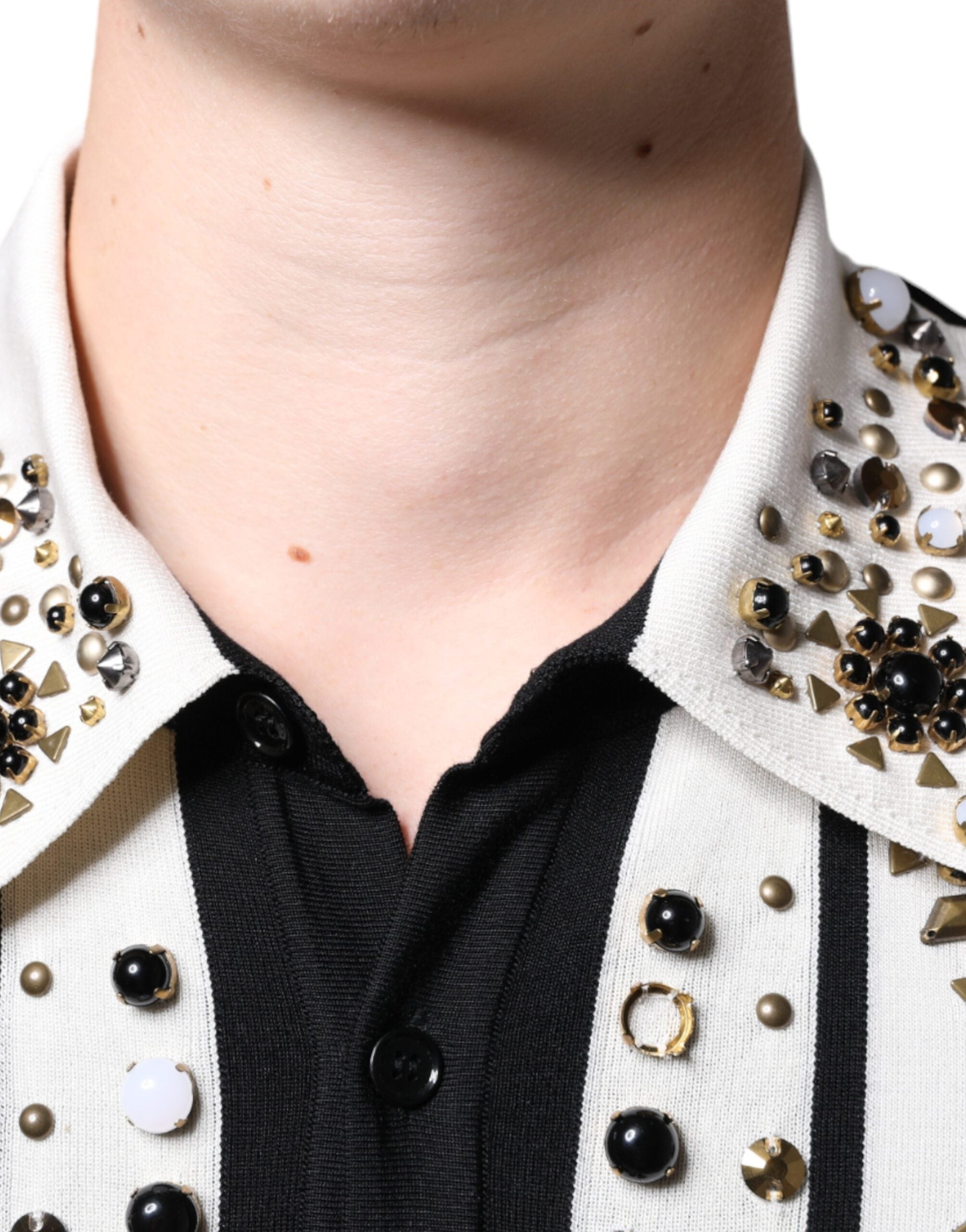 Dolce & Gabbana White Black Silk Studded Stone Crystal Men's Shirt