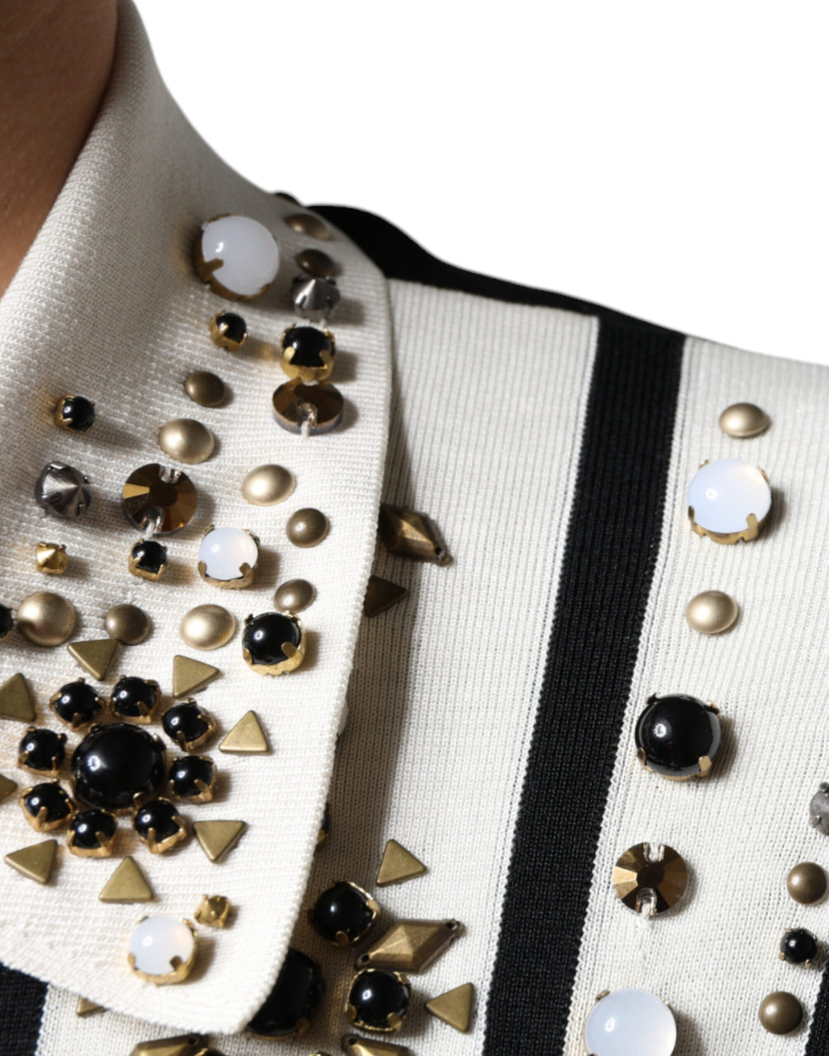 Dolce & Gabbana White Black Silk Studded Stone Crystal Men's Shirt