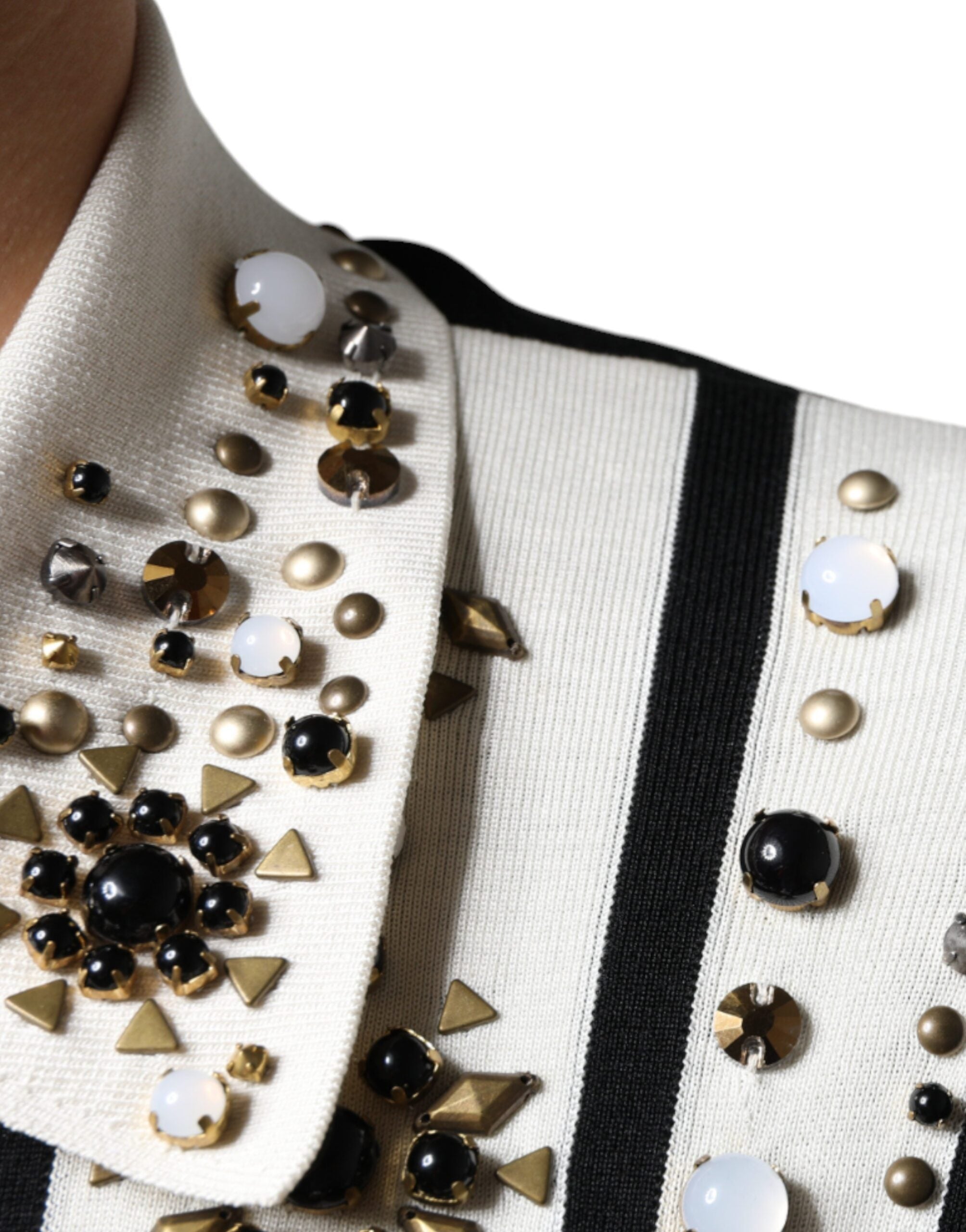 Dolce & Gabbana White Black Silk Studded Stone Crystal Men's Shirt
