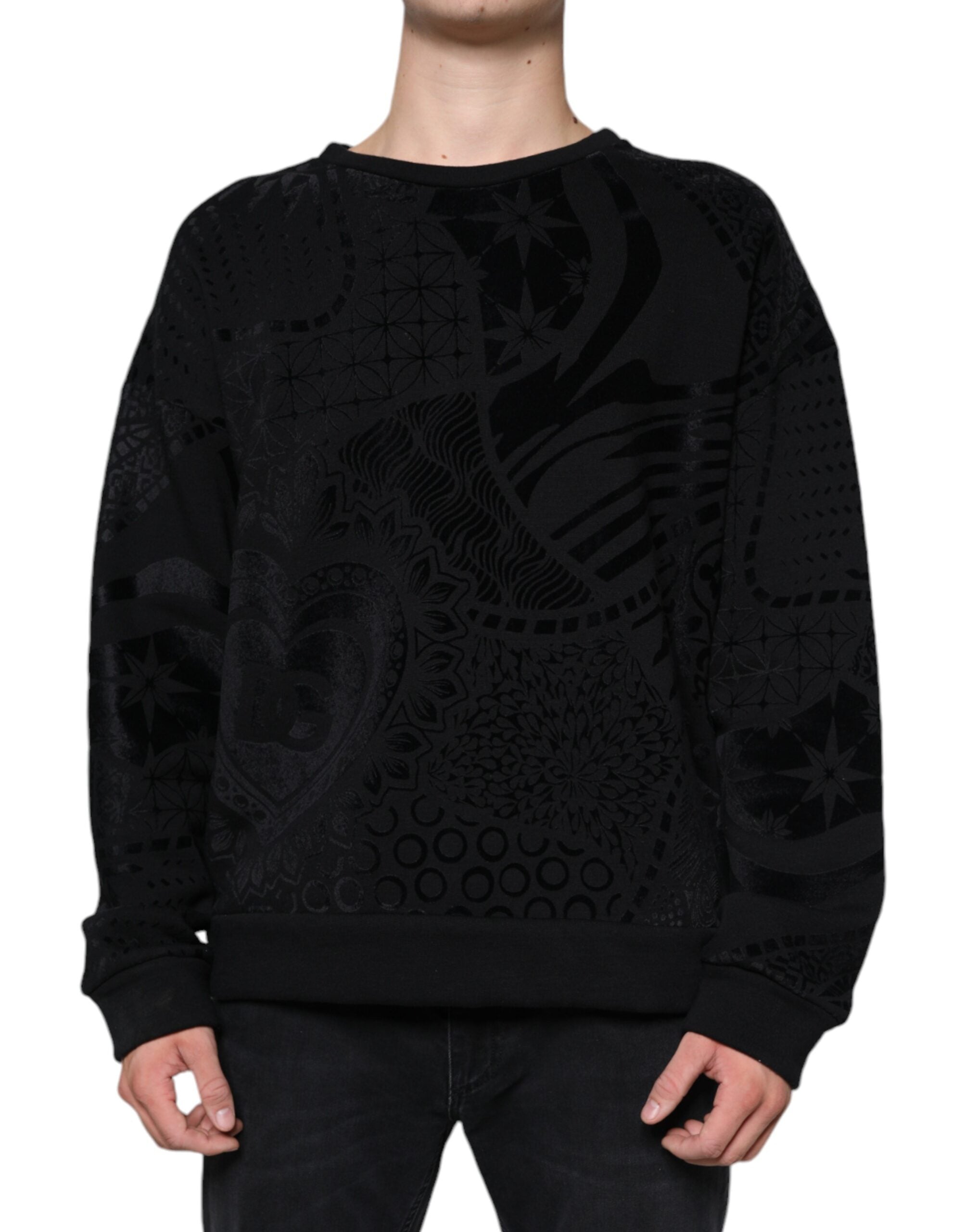 Dolce & Gabbana Black Printed Crew Neck Sweatshirt Men's Sweater