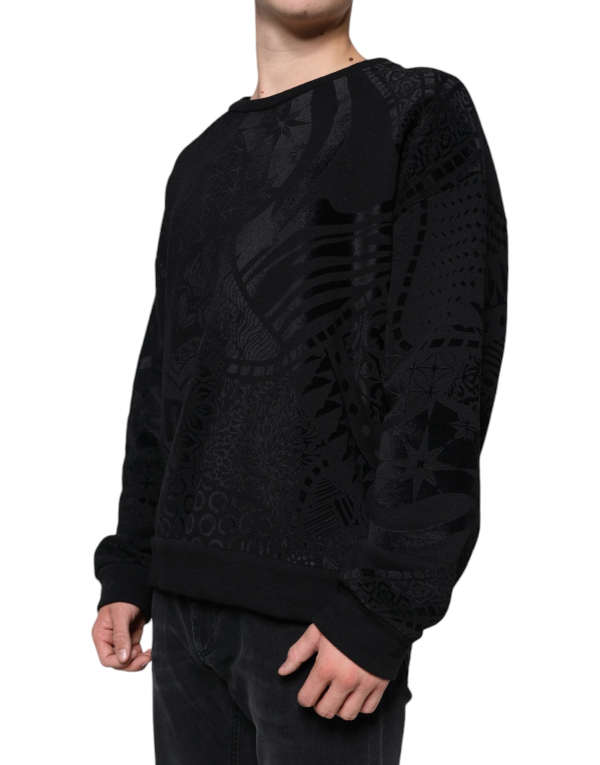 Dolce & Gabbana Black Printed Crew Neck Sweatshirt Men's Sweater