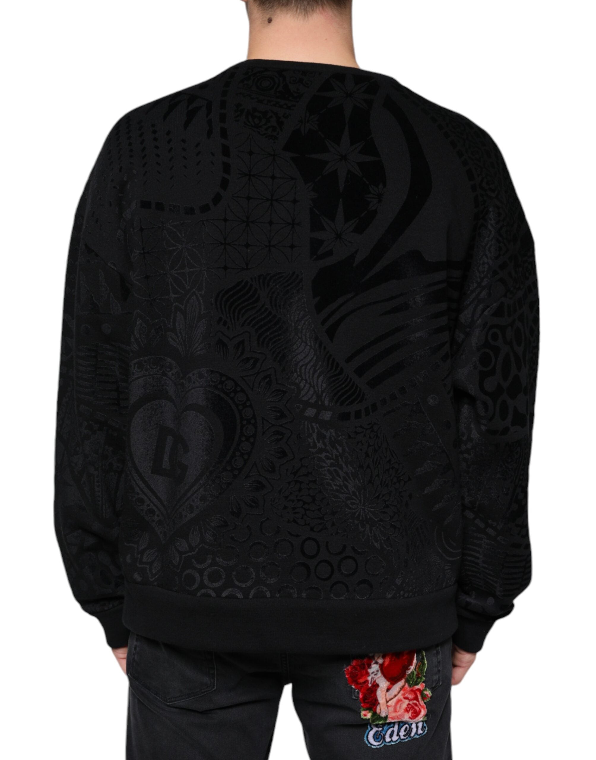 Dolce & Gabbana Black Printed Crew Neck Sweatshirt Men's Sweater