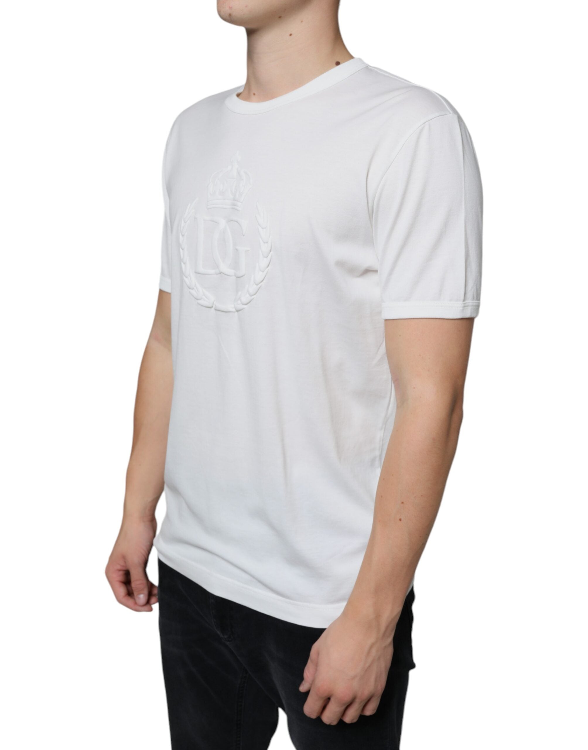 Dolce & Gabbana White Logo Embossed Cotton Crewneck Men's T-shirt