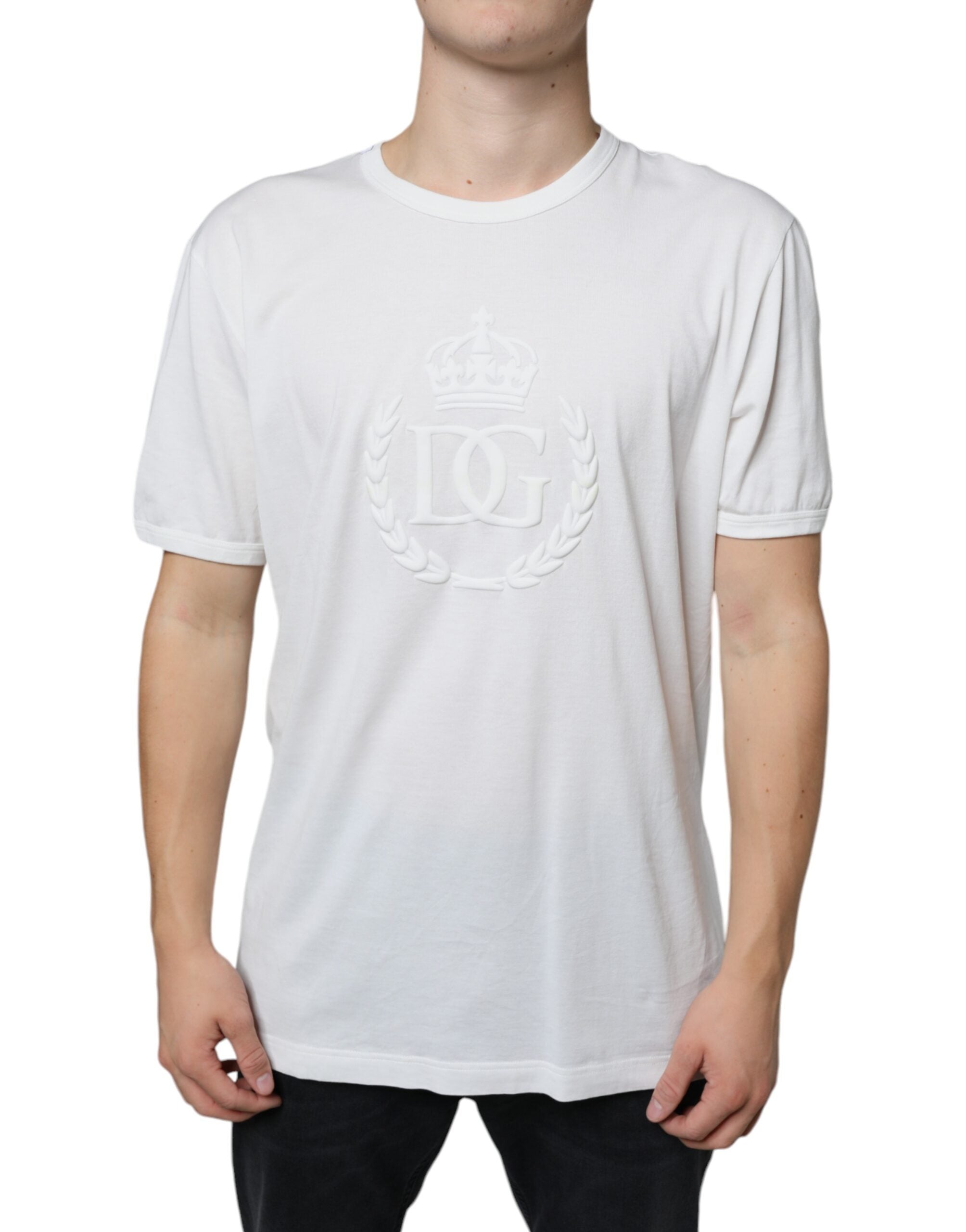 Dolce & Gabbana White Logo Embossed Cotton Crewneck Men's T-shirt (Pre-Owned)
