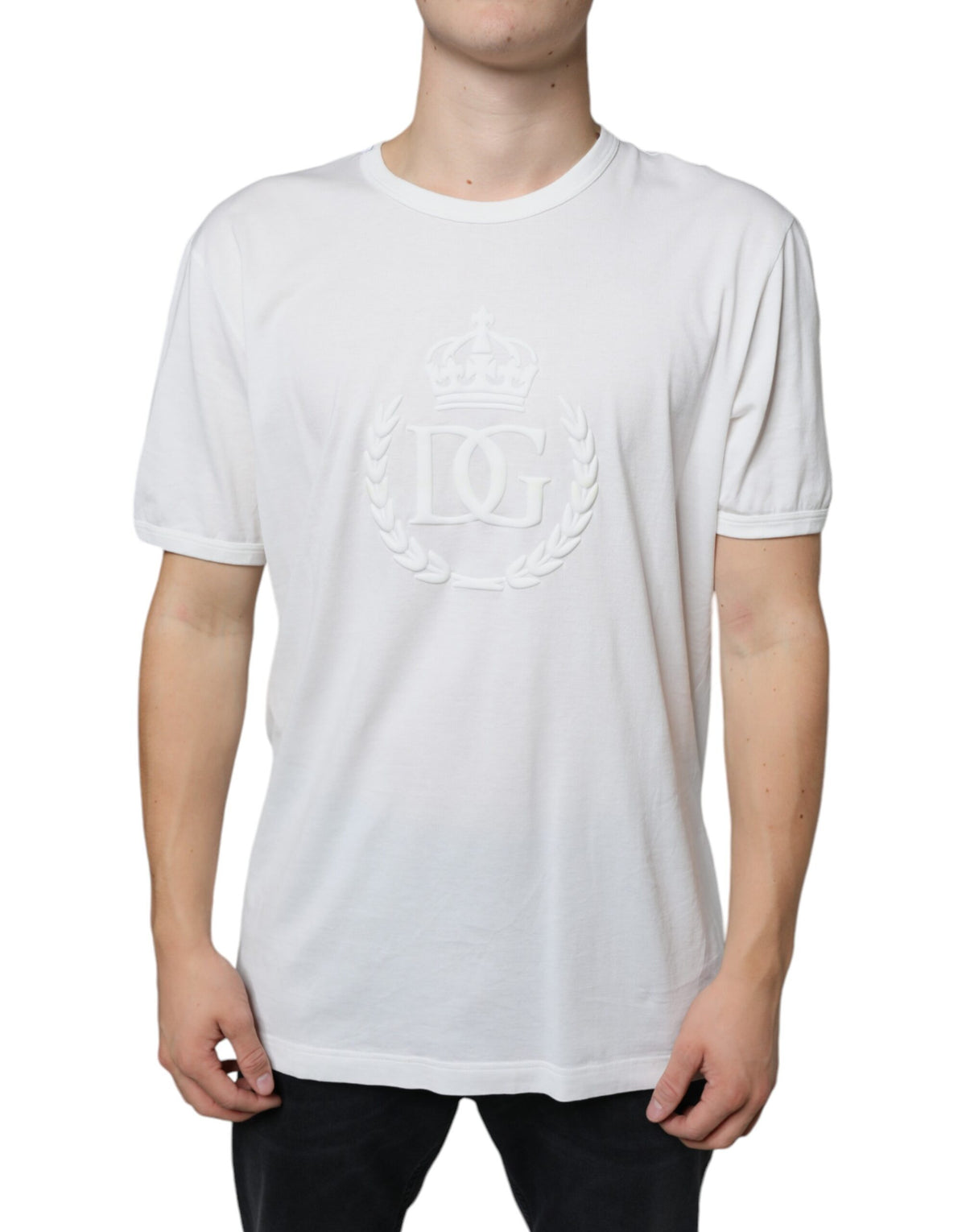 Dolce & Gabbana White Logo Embossed Cotton Crewneck Men's T-shirt (Pre-Owned)