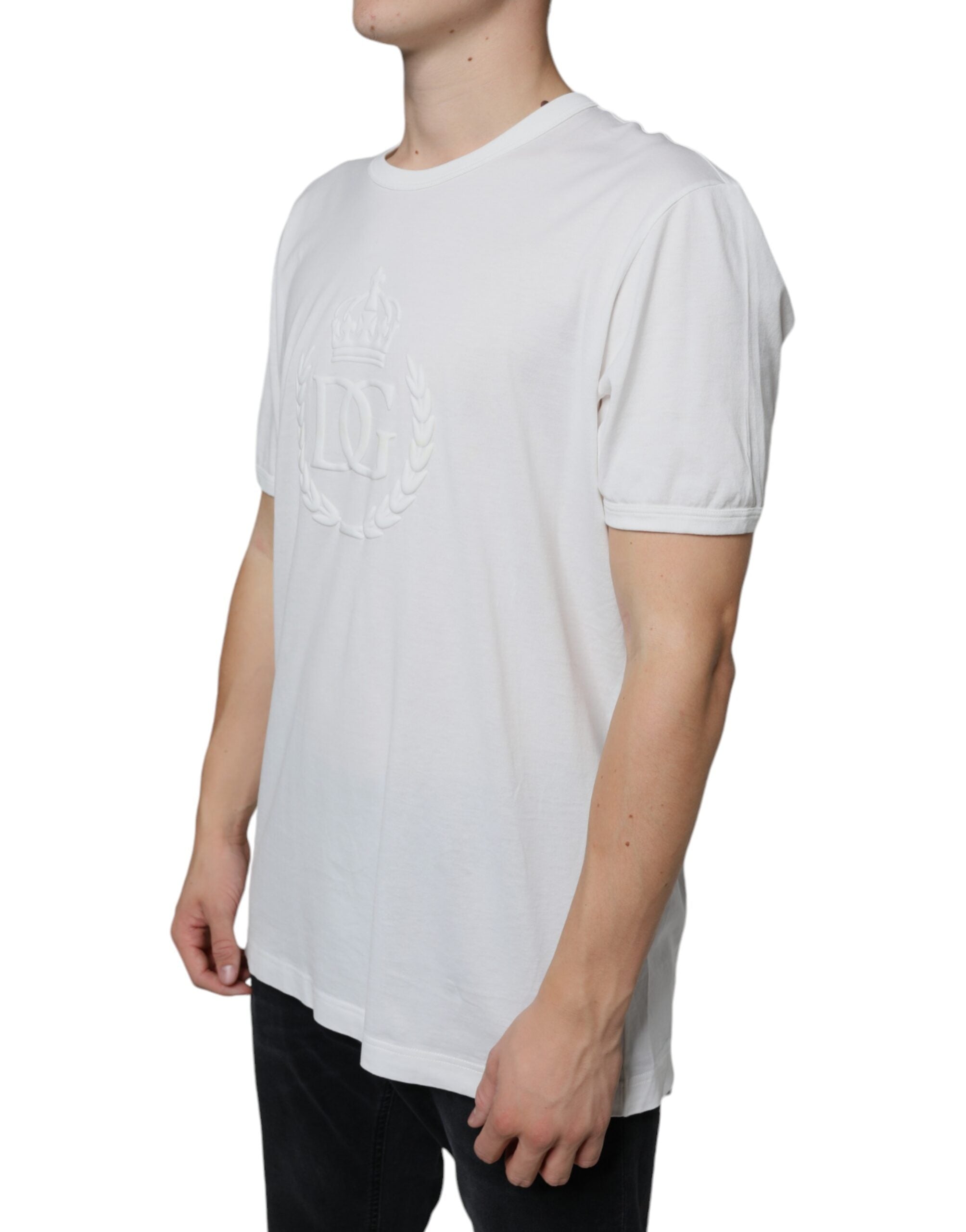 Dolce & Gabbana White Logo Embossed Cotton Crewneck Men's T-shirt (Pre-Owned)