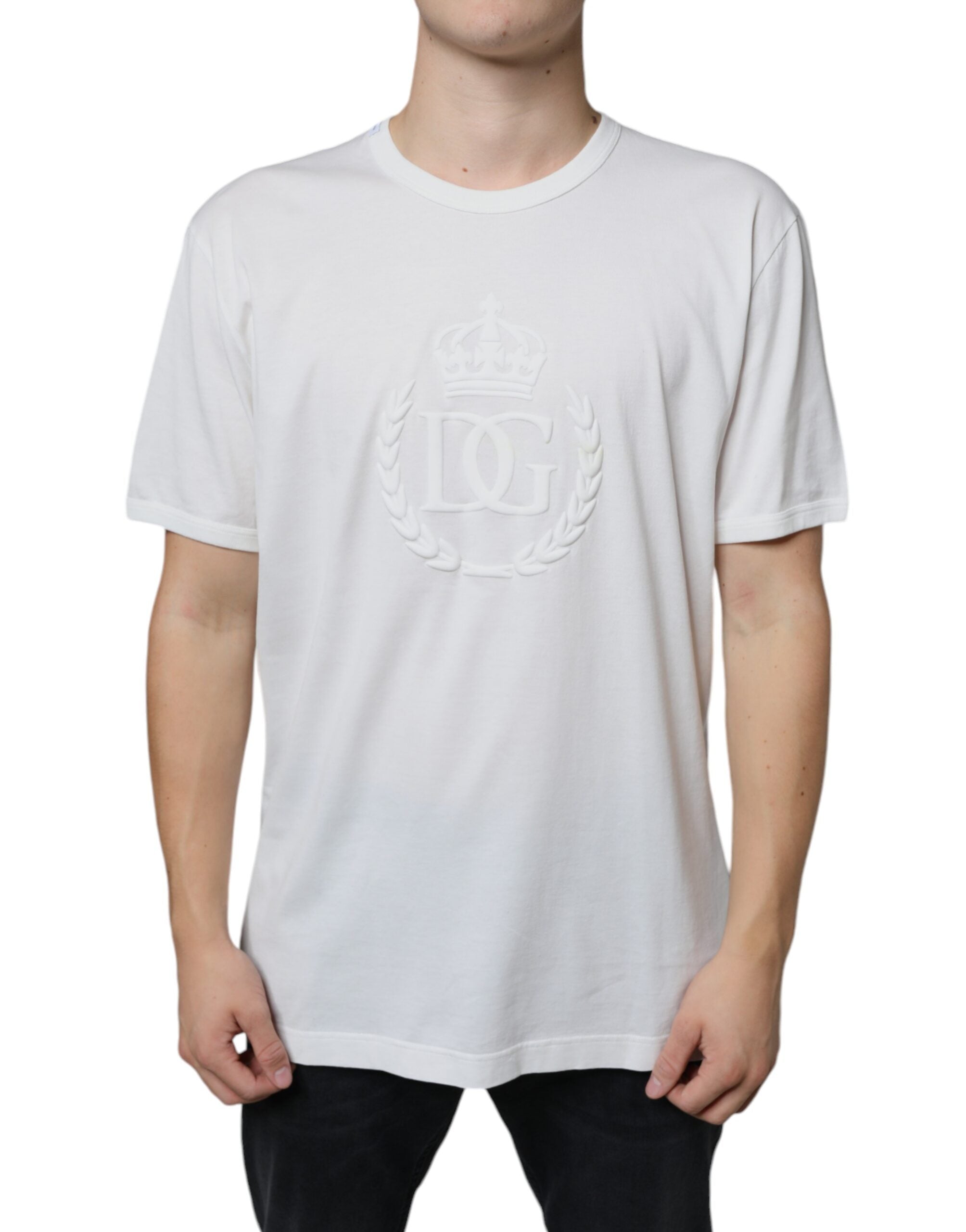 Dolce & Gabbana White Logo Embossed Cotton Crewneck Men's T-shirt (Pre-Owned)
