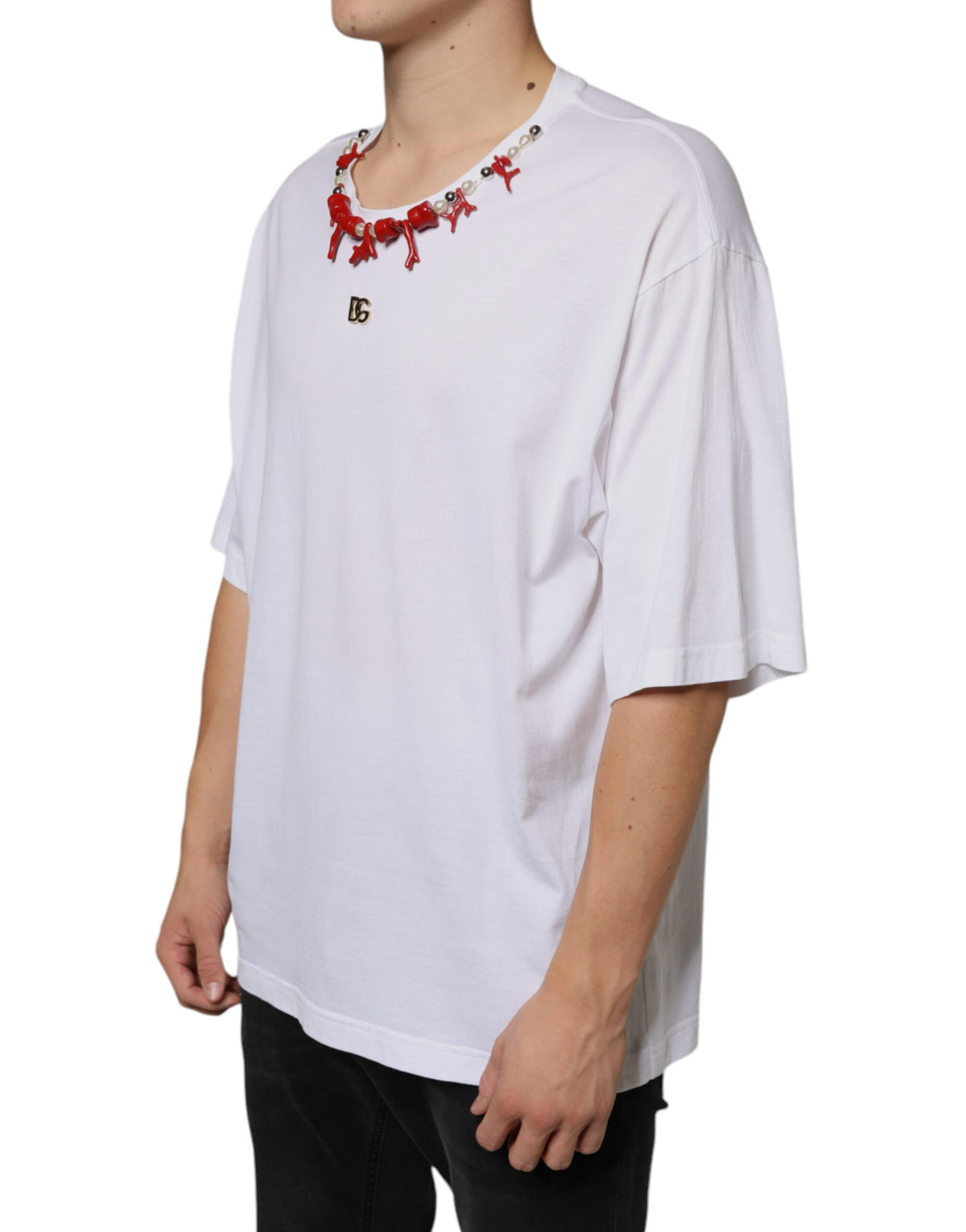 Dolce & Gabbana White Cotton Necklace Embellished Men's T-shirt
