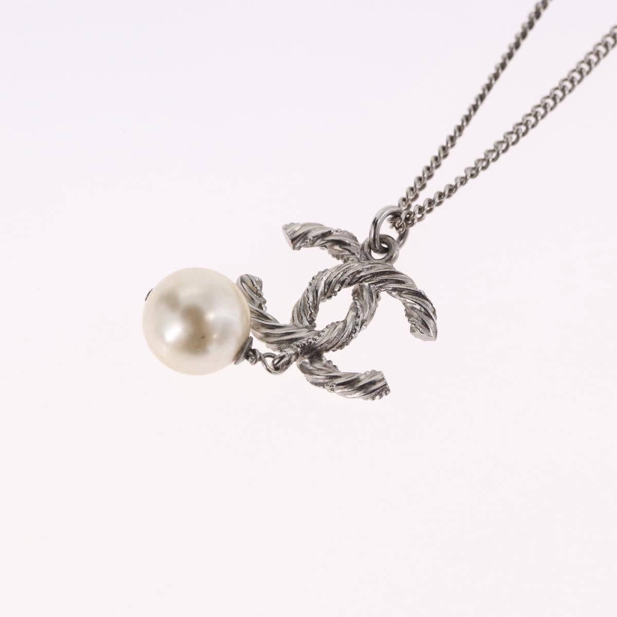 Chanel Cc Pearl Drop Pendant Metal With Faux Pearl Silver Metal Necklace Jewelry (Pre-Owned)