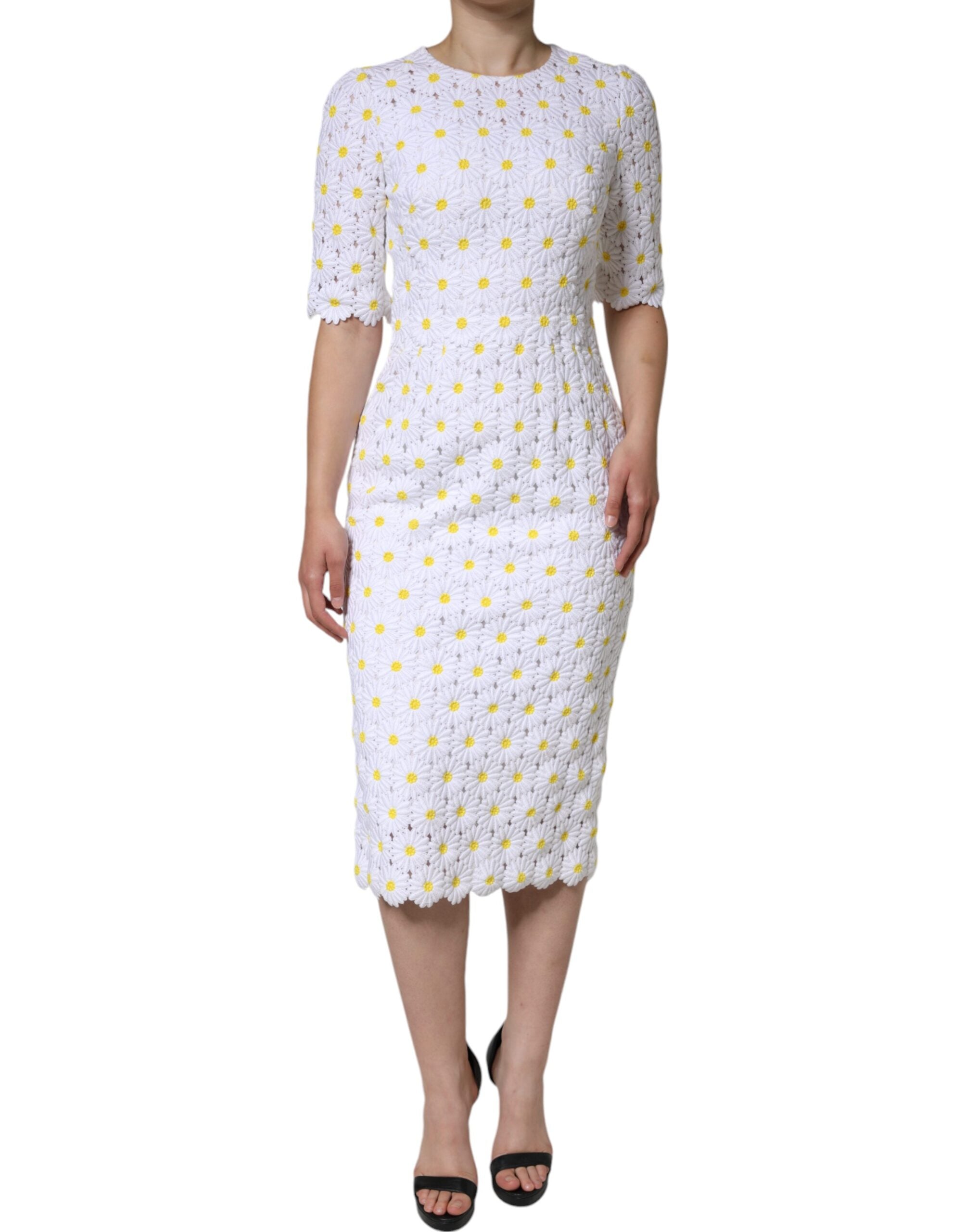 Dolce & Gabbana White Daisy Macrame Lace Sheath Midi Women's Dress (Pre-Owned)