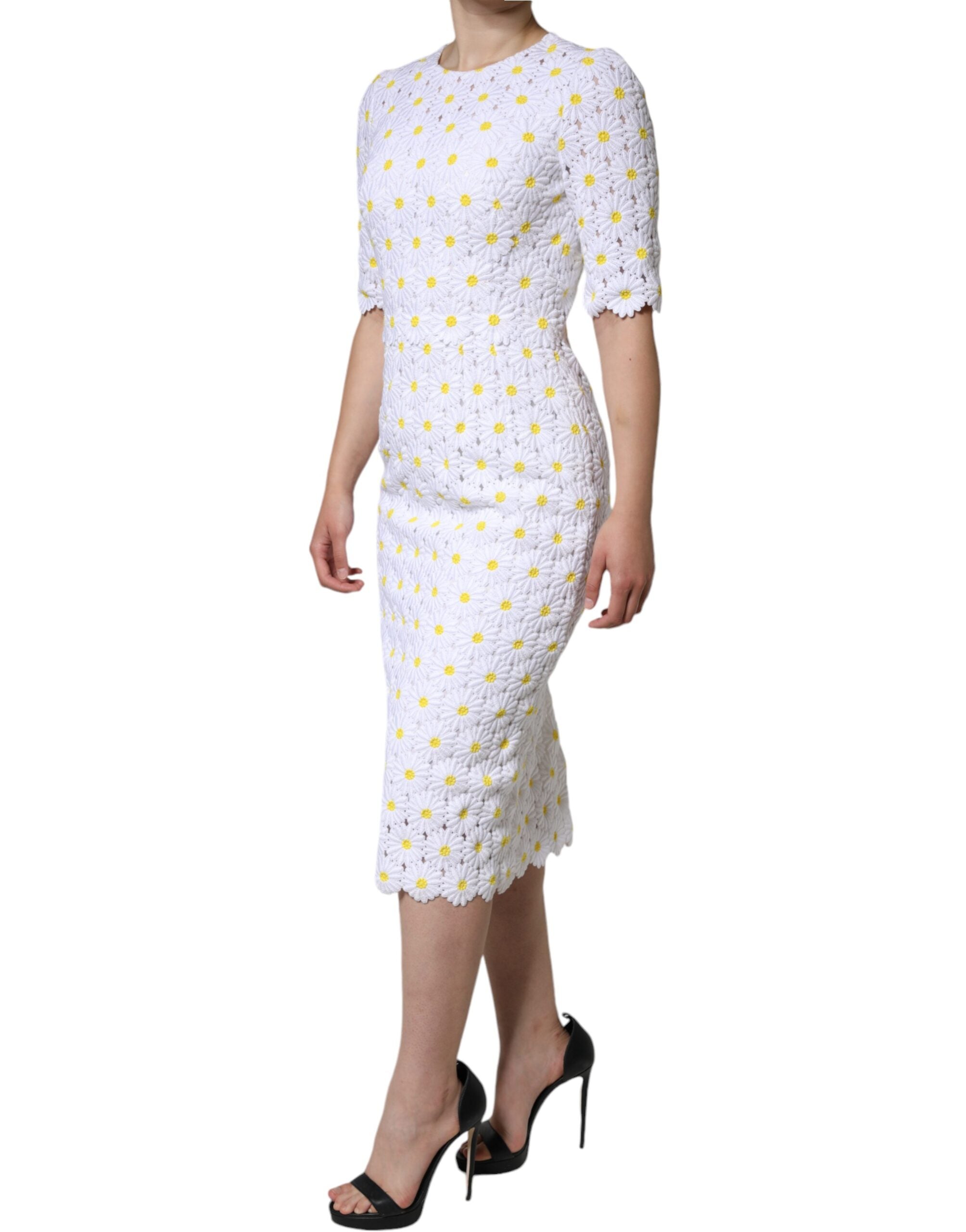 Dolce & Gabbana White Daisy Macrame Lace Sheath Midi Women's Dress (Pre-Owned)