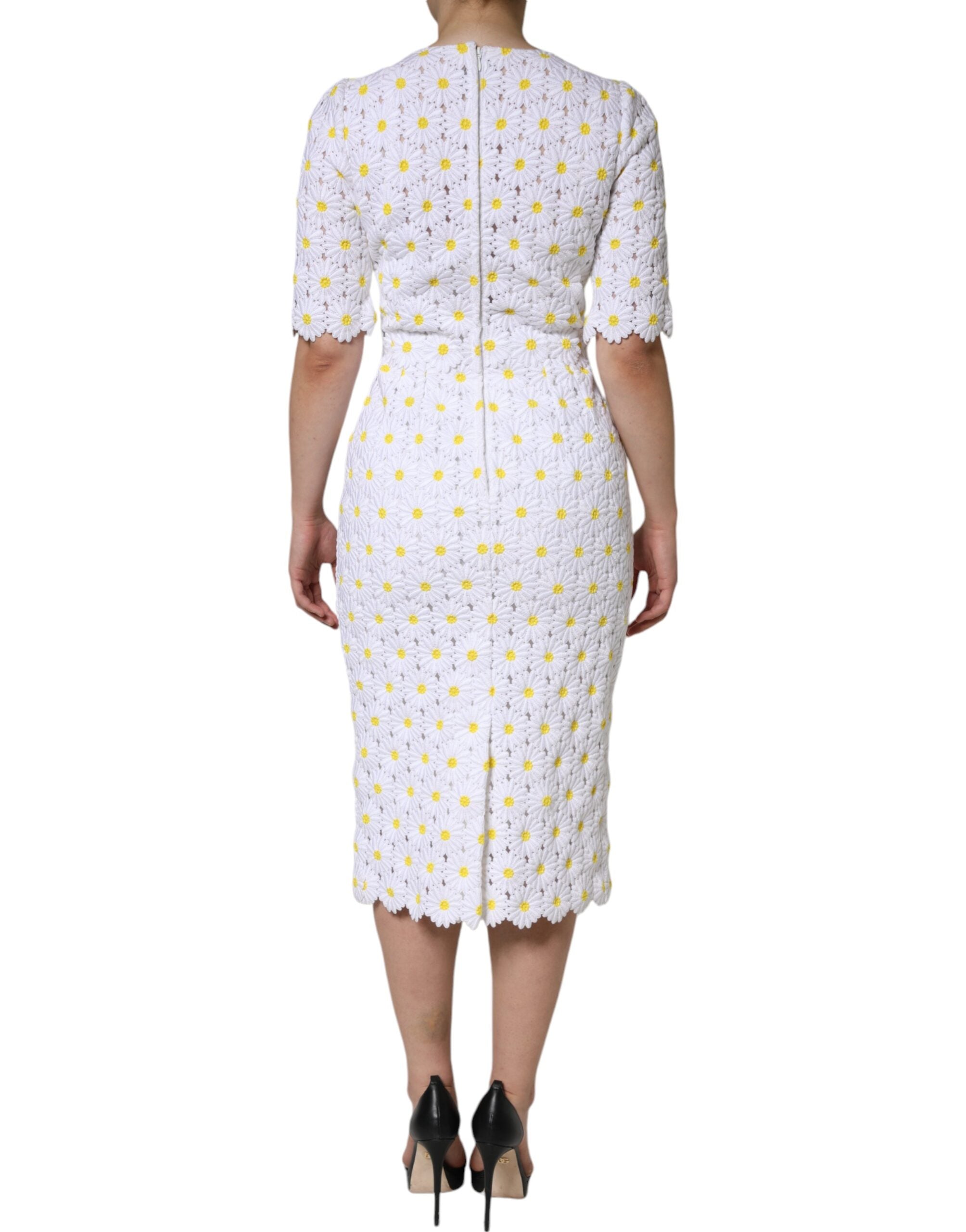 Dolce & Gabbana White Daisy Macrame Lace Sheath Midi Women's Dress (Pre-Owned)