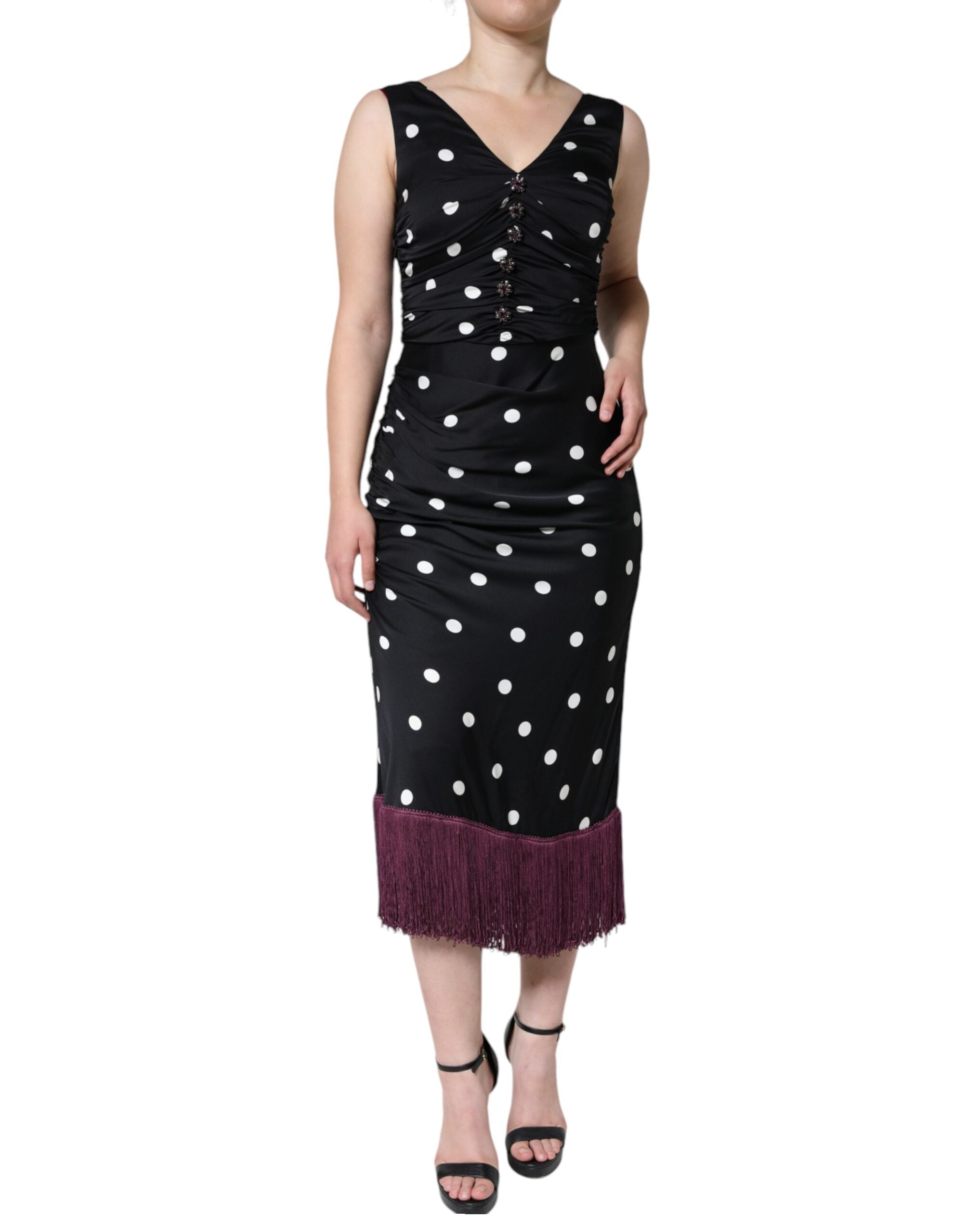 Dolce & Gabbana Black Silk Polka Dot Vneck Tassel Midi Women's Dress