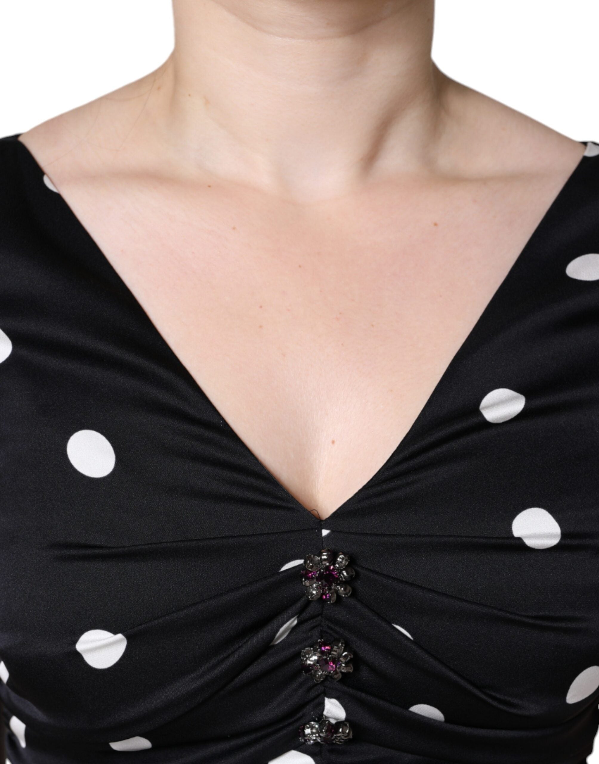 Dolce & Gabbana Black Silk Polka Dot Vneck Tassel Midi Women's Dress (Pre-Owned)