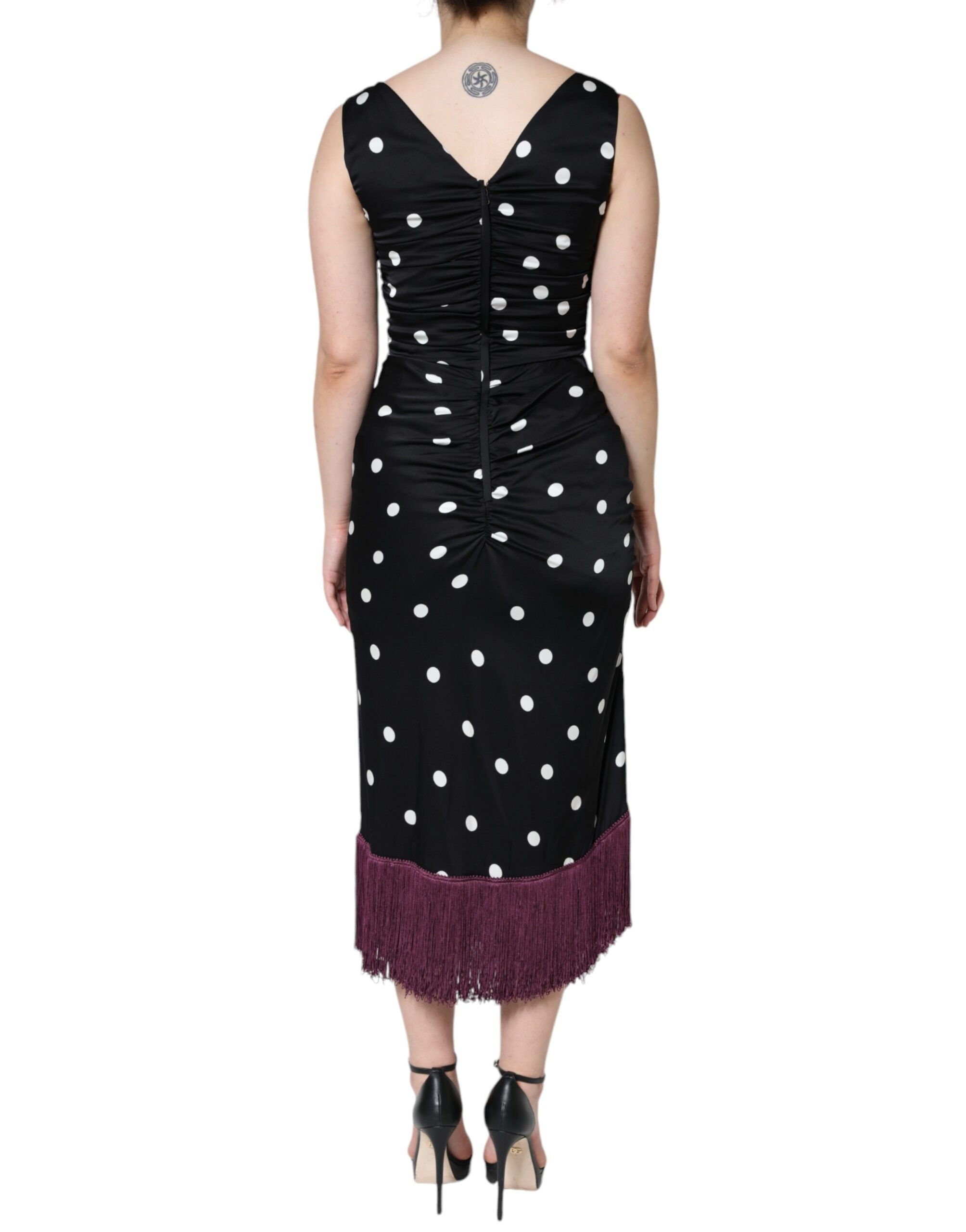 Dolce & Gabbana Black Silk Polka Dot Vneck Tassel Midi Women's Dress