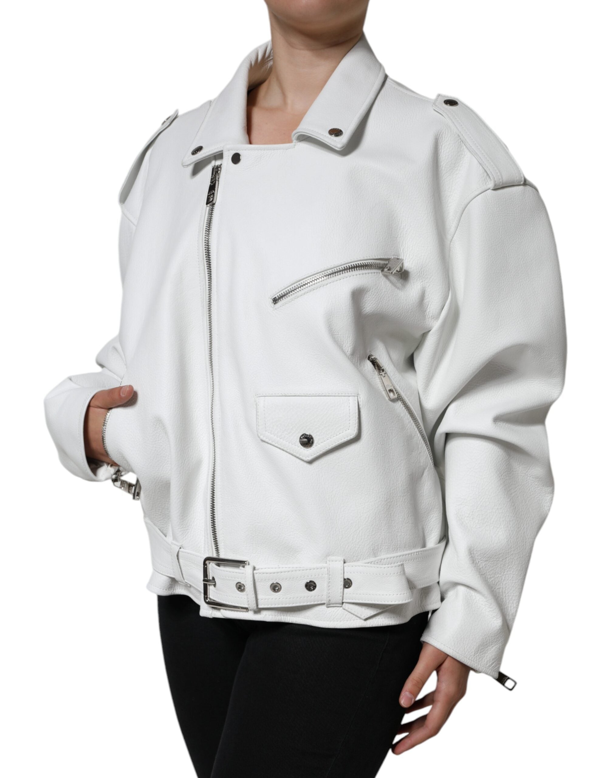 Dolce & Gabbana White Lambskin Leather Biker Coat Women's Jacket (Pre-Owned)