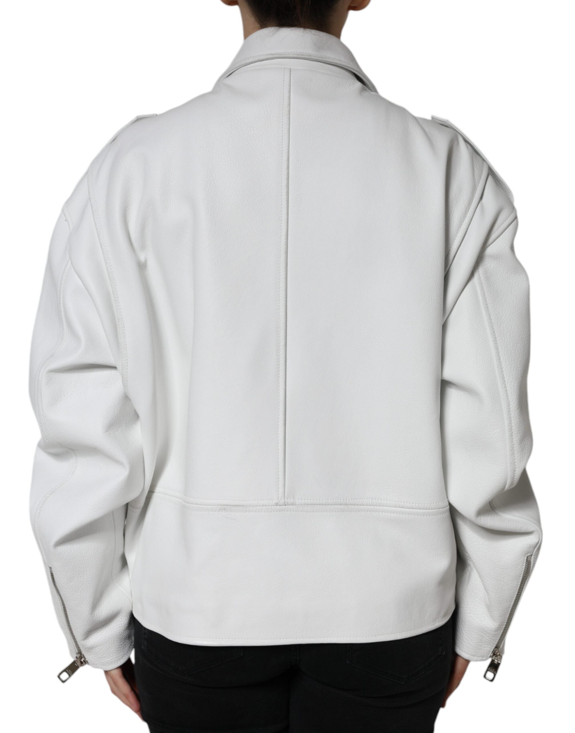 Dolce & Gabbana White Lambskin Leather Biker Coat Women's Jacket (Pre-Owned)