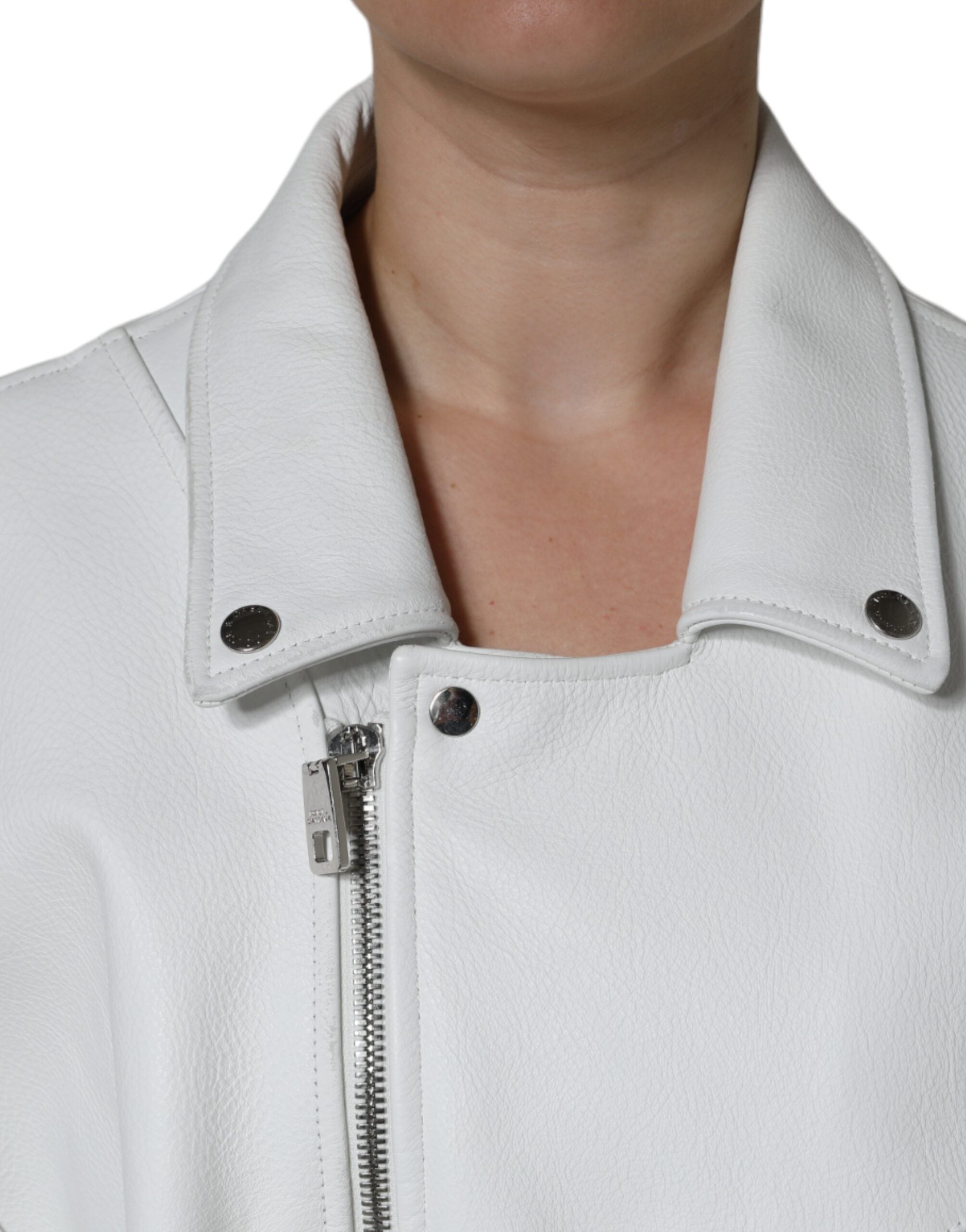 Dolce & Gabbana White Lambskin Leather Biker Coat Women's Jacket (Pre-Owned)