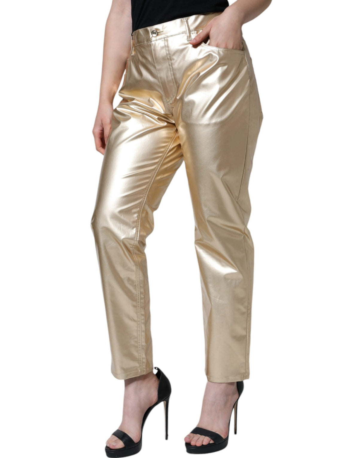 Dolce & Gabbana Metallic Gold Polyester Tapered Women's Pants (Pre-Owned)
