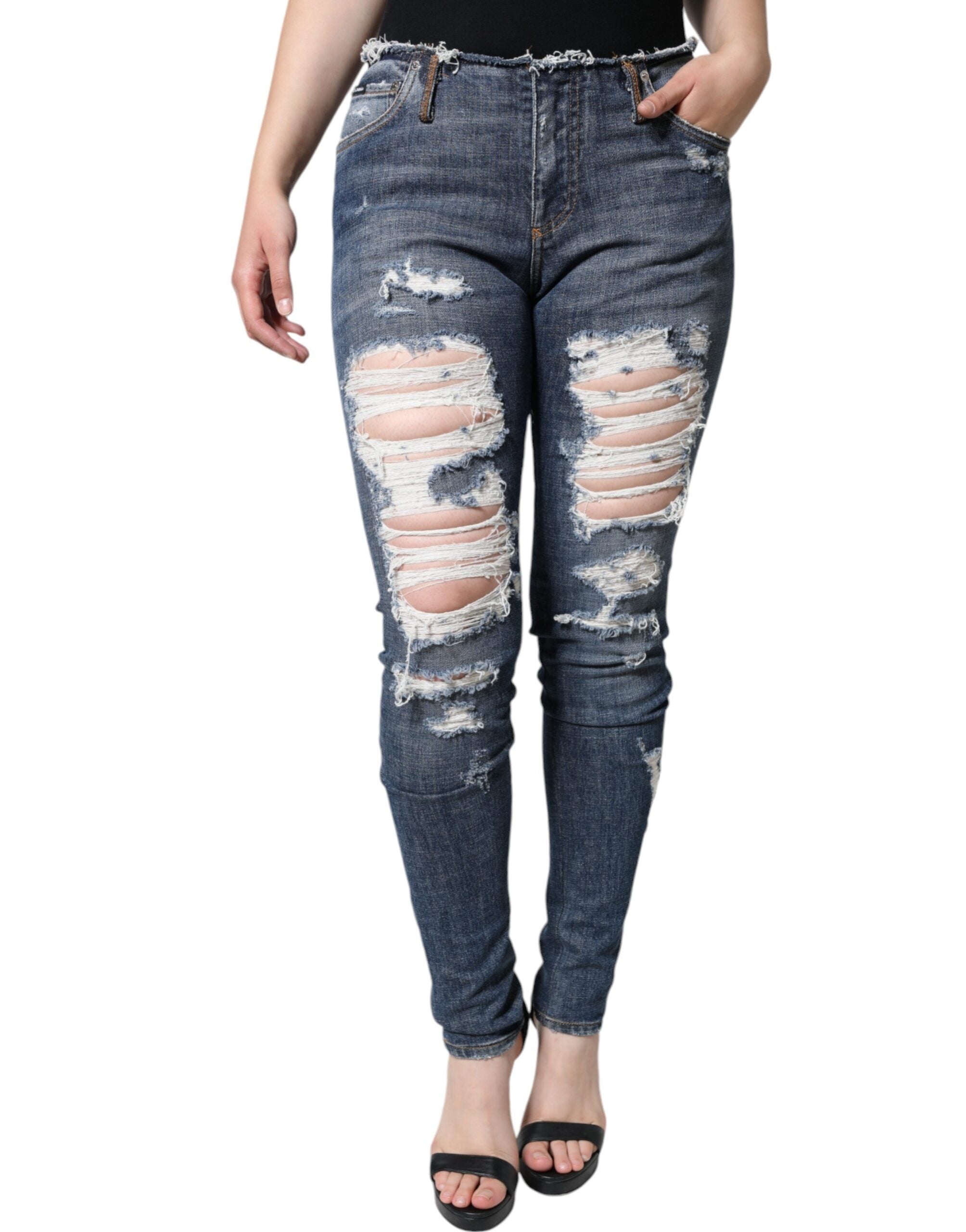 Dolce & Gabbana Blue Cotton Tattered High Waist Denim Jeans main image 0