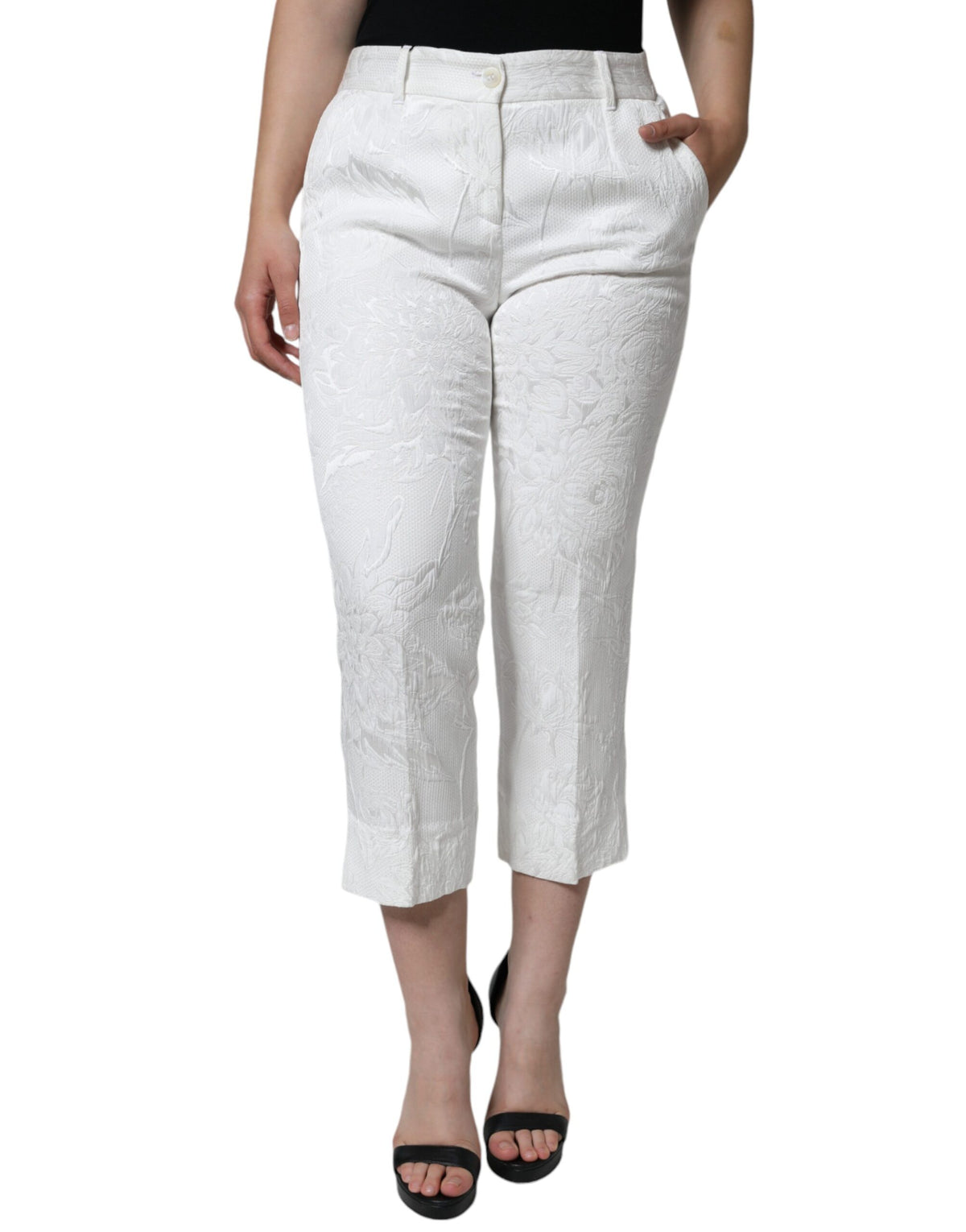 Dolce & Gabbana White Floral Brocade Cotton Cropped Women's Pants