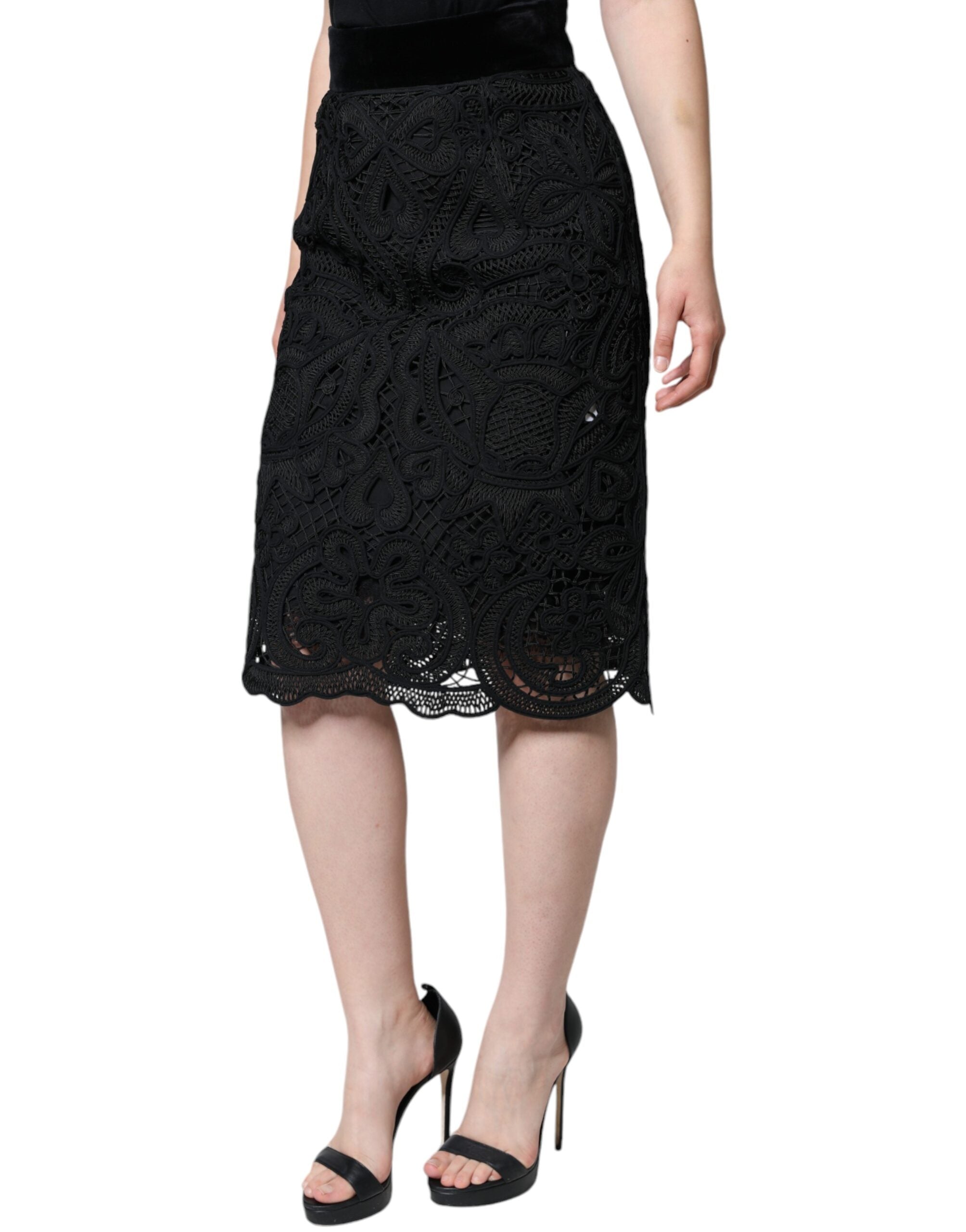 Dolce & Gabbana Black Floral Lace HighWaist Pencil Cut Women's Skirt