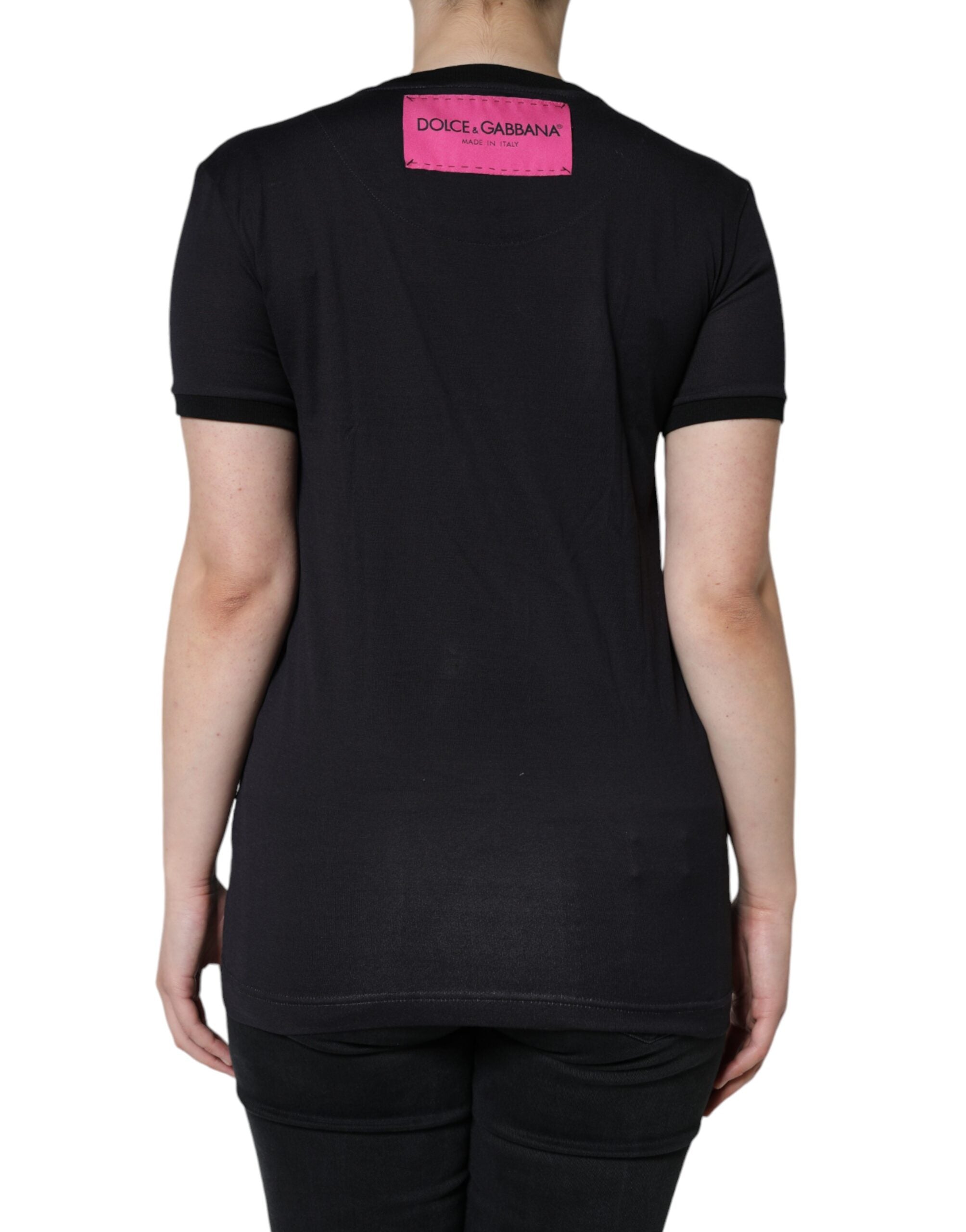 Dolce & Gabbana Black Cotton Logo Print Round Neck Women's T-shirt