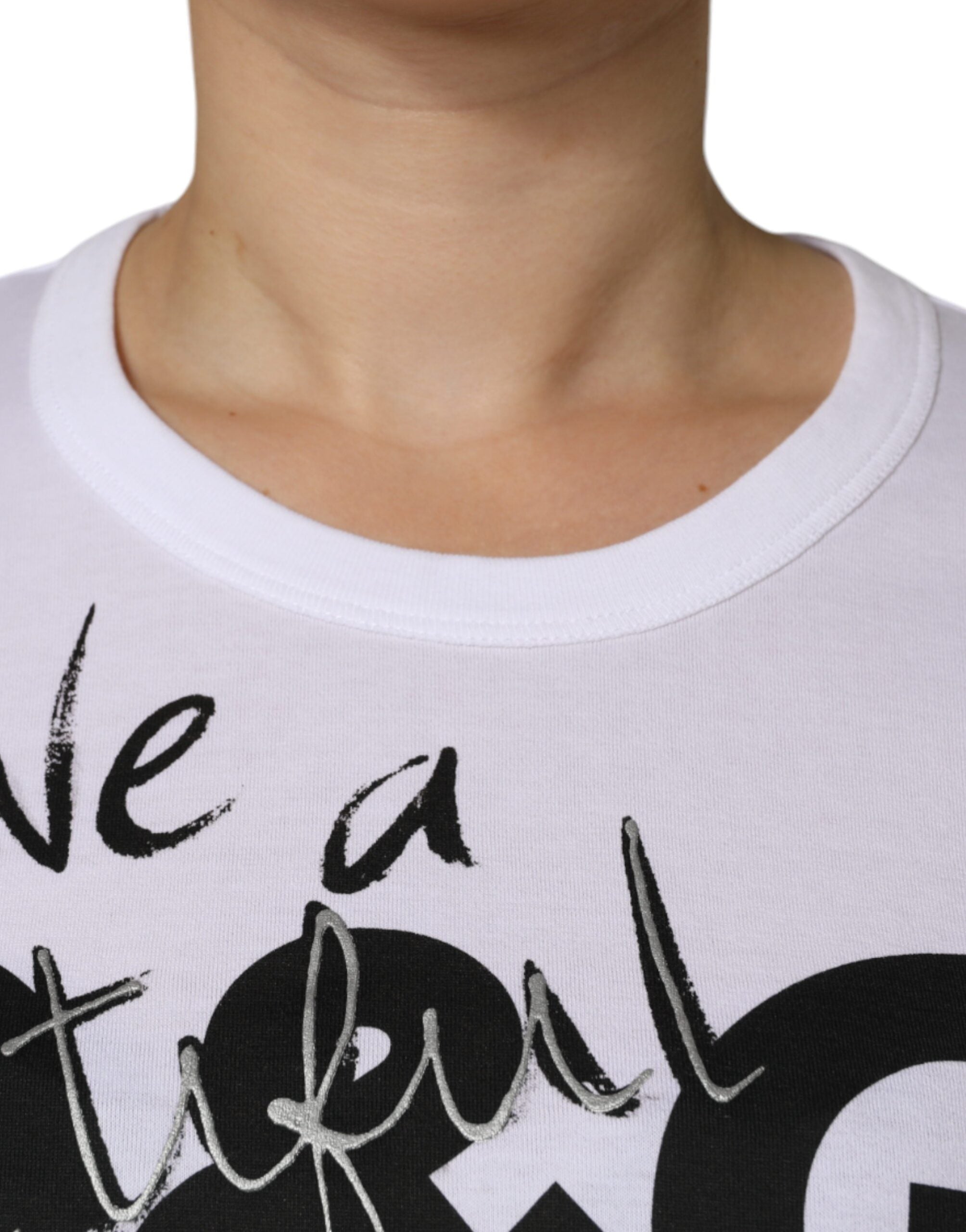 Dolce & Gabbana White Cotton Logo Print Round Neck Women's T-shirt