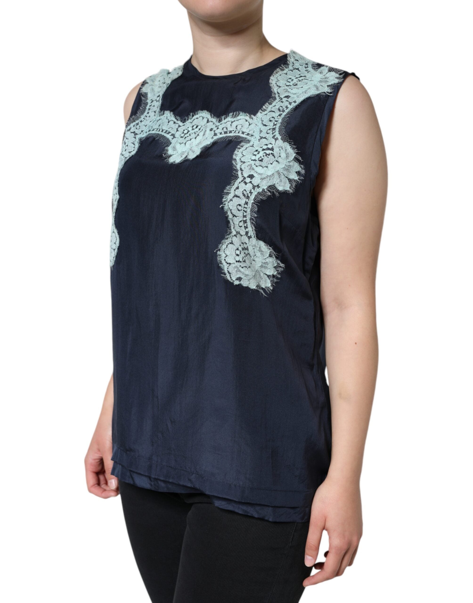 Dolce & Gabbana Blue Floral Lace Silk Sleeveless Tank Women's Top (Pre-Owned)