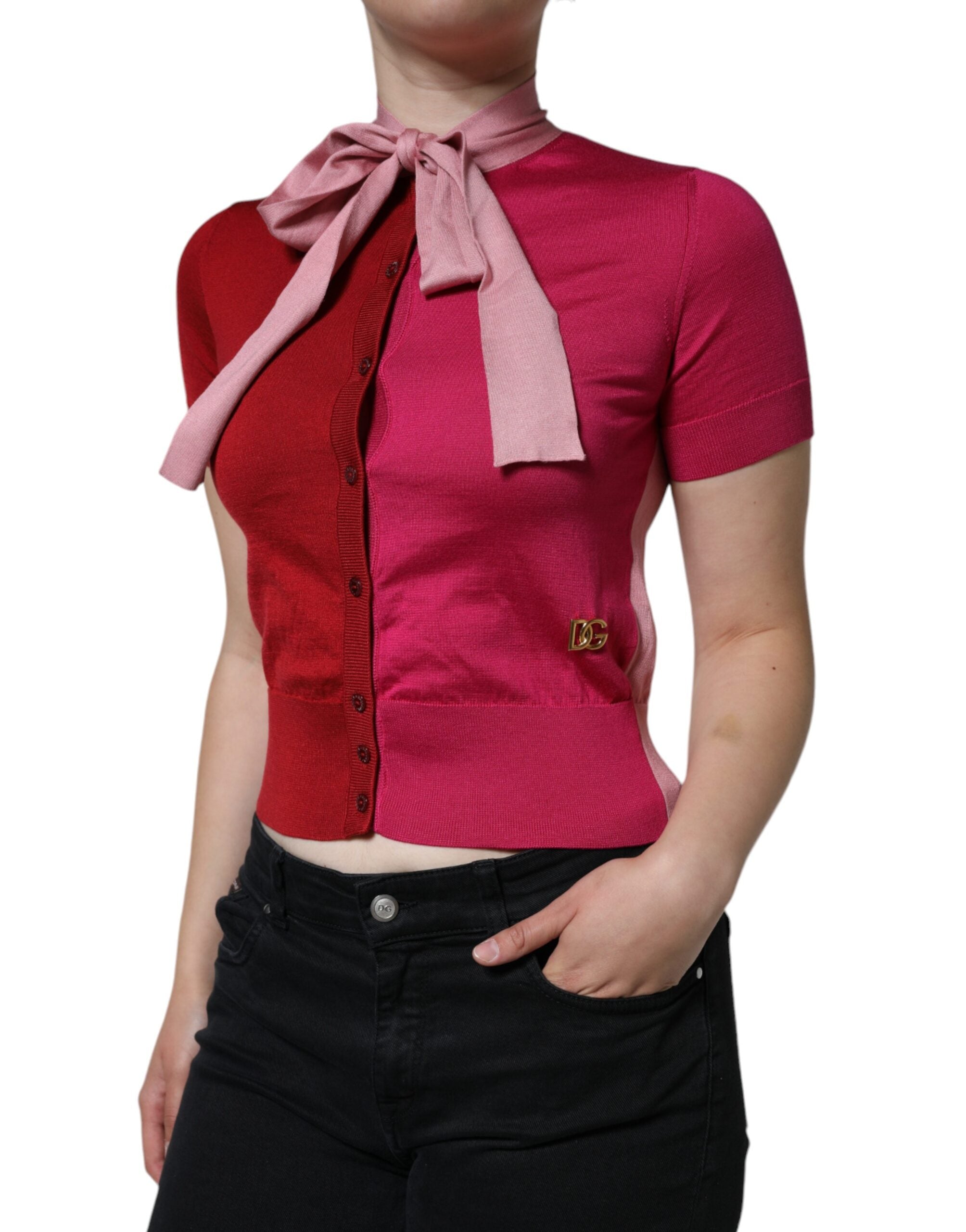 Dolce & Gabbana Pink Short Sleeves Pullover Ascot Collar Women's Top (Pre-Owned)