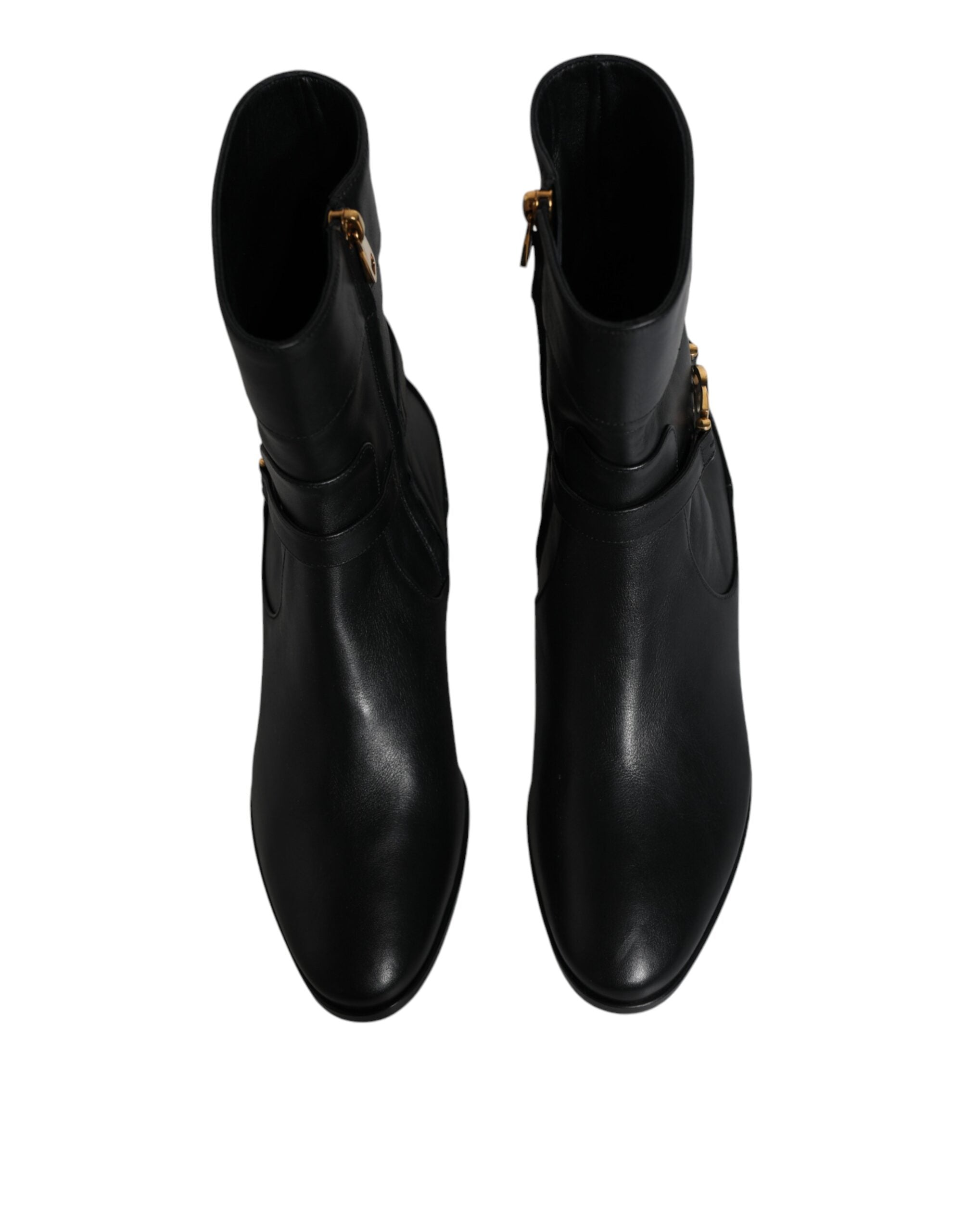 Dolce & Gabbana Black Leather Logo Mid Calf Boots Women's Shoes