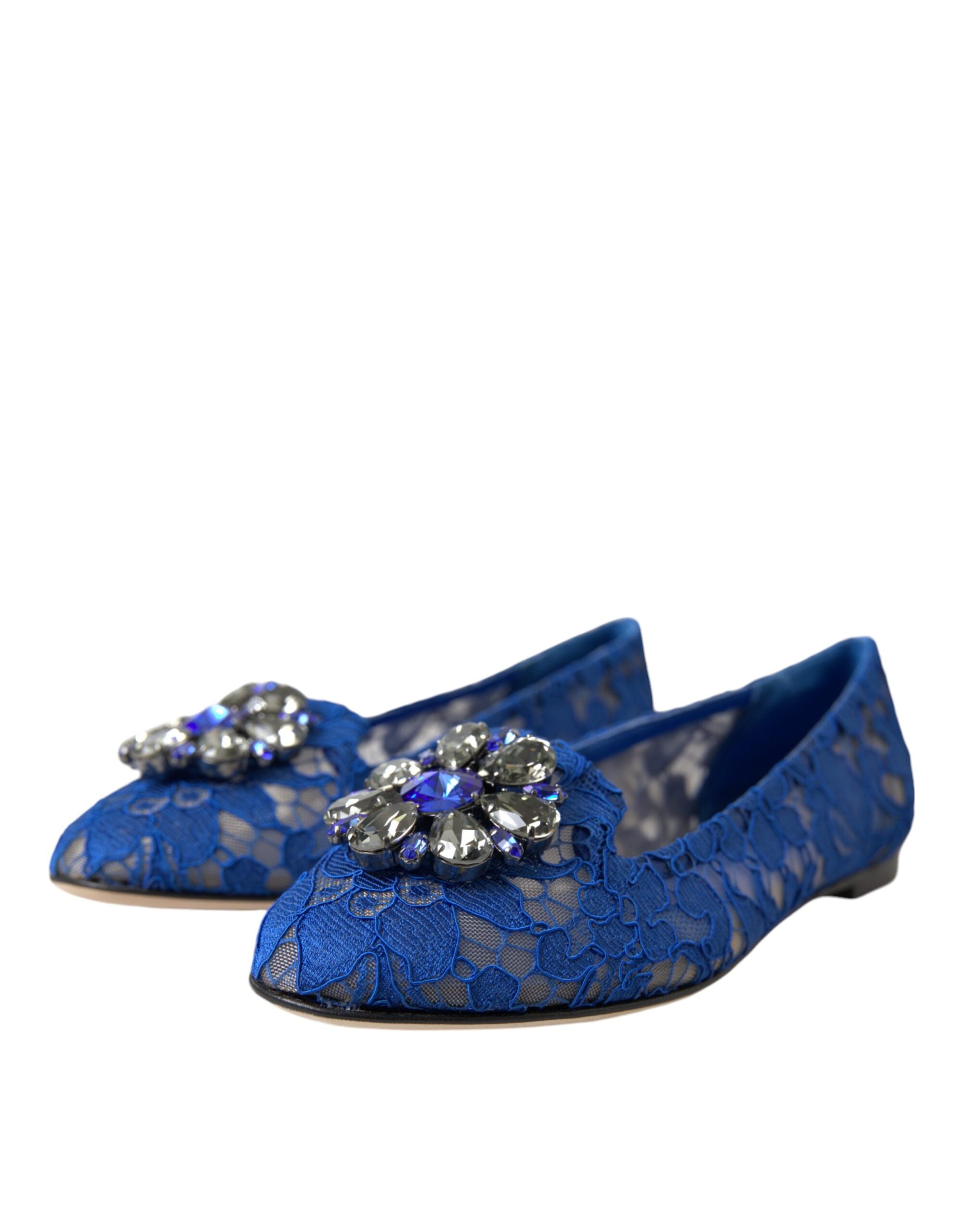 Dolce & Gabbana Blue Lace Crystal Ballet Flats Loafers Women's Shoes