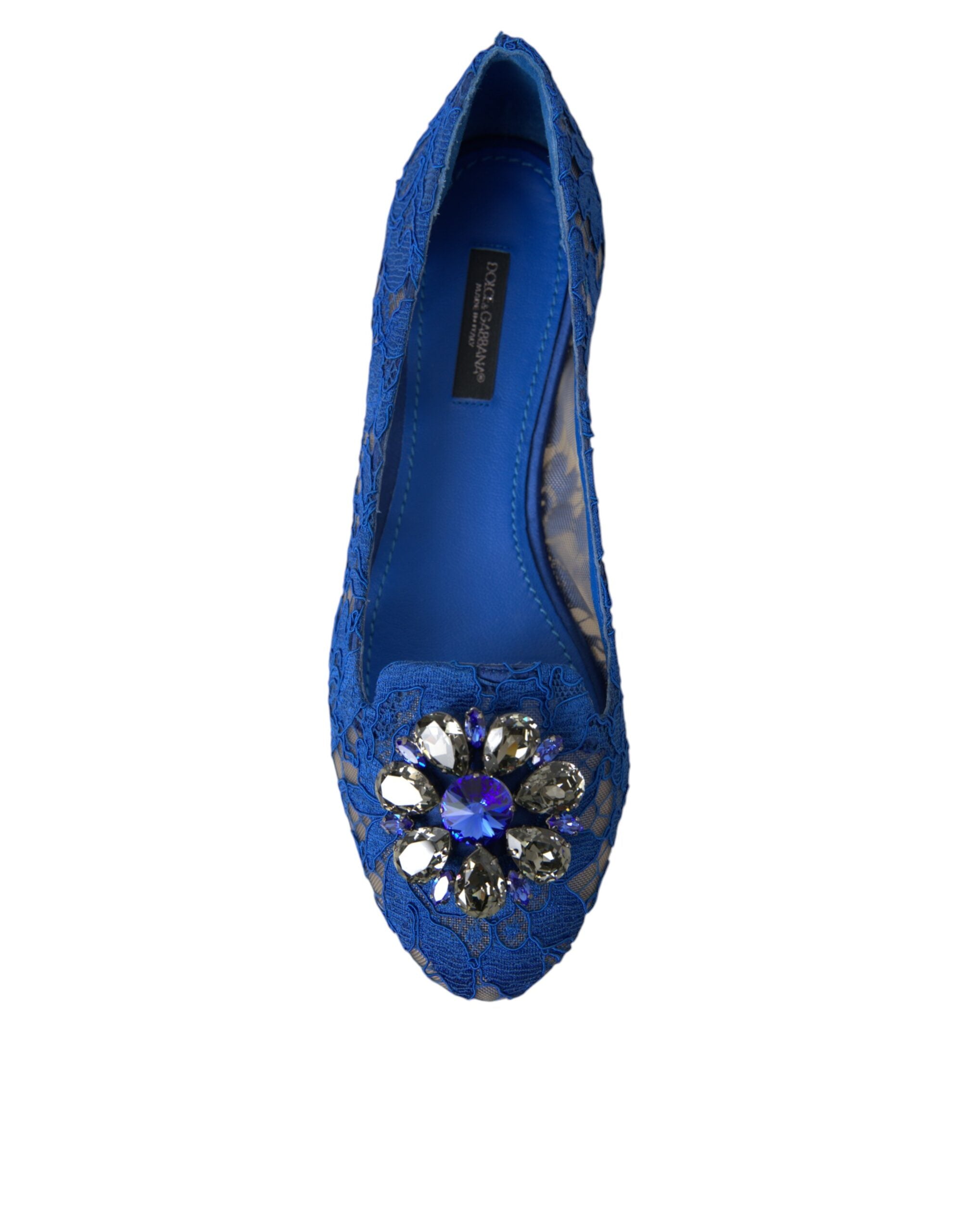 Dolce & Gabbana Blue Lace Crystal Ballet Flats Loafers Women's Shoes